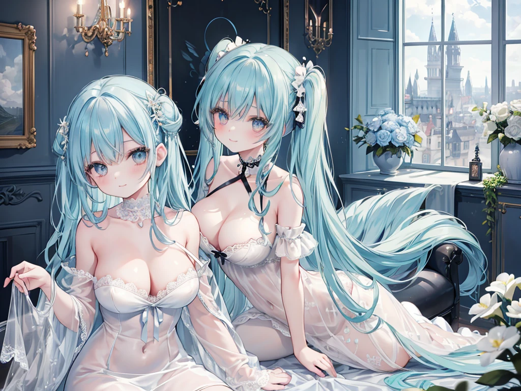 1 woman、Hair that shines like pale aquamarine、Twin-tailed、Sparkling aquamarine eyes、爆乳、Too large breasts、Seductive breasts、Lace dress、negligee、lace cape、aquamarine choker、Castle Room、Long Lace Bale、Ruffles and ribbons、A smile、The upper part of the body