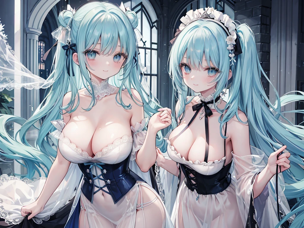 1 woman、Hair that shines like pale aquamarine、Twin-tailed、Sparkling aquamarine eyes、爆乳、Too large breasts、Seductive breasts、Lace dress、negligee、lace cape、aquamarine choker、Castle Room、Long Lace Bale、Ruffles and ribbons、A smile、The upper part of the body