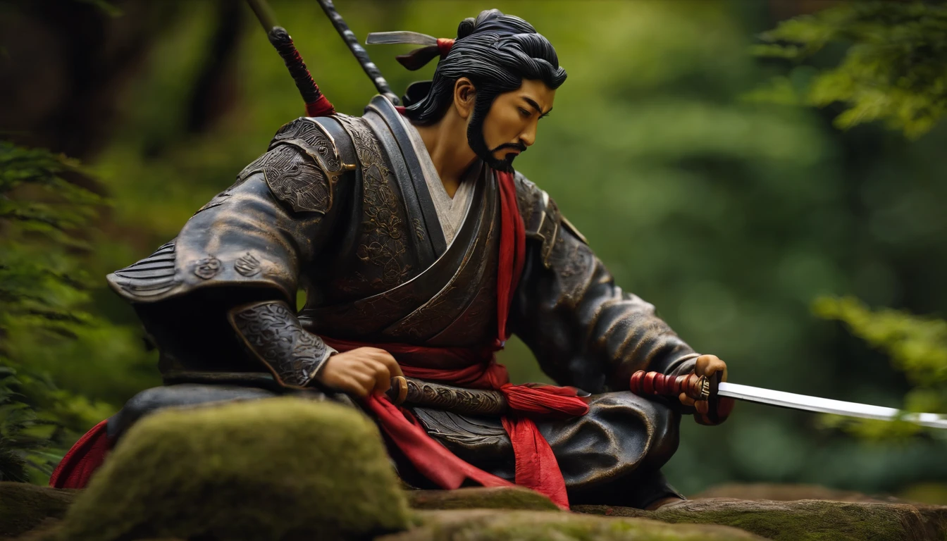 Dibuja una estatua de metal de Musashi en una pose contemplativa, sosteniendo una espada y un pergamino.