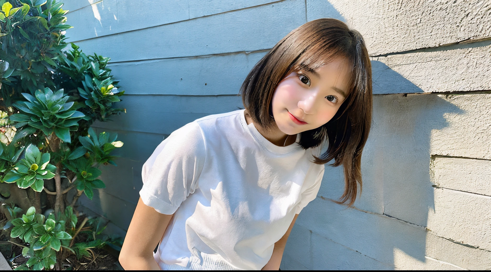 Cute high school girl, 18 years old, wearing a white shirt and miniskirt.
