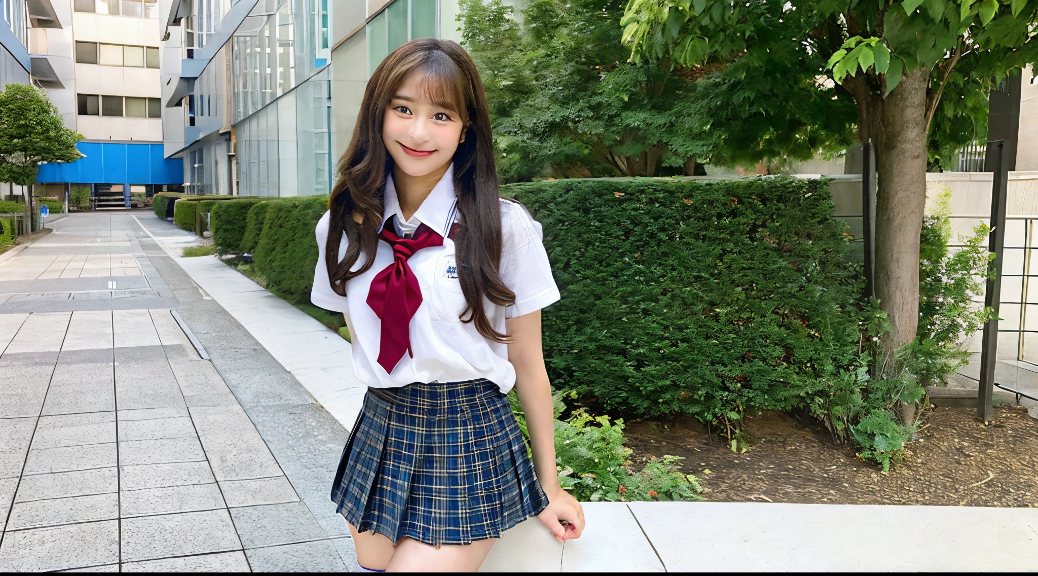 Cute high school girl, 18 years old, wearing a white shirt and miniskirt.