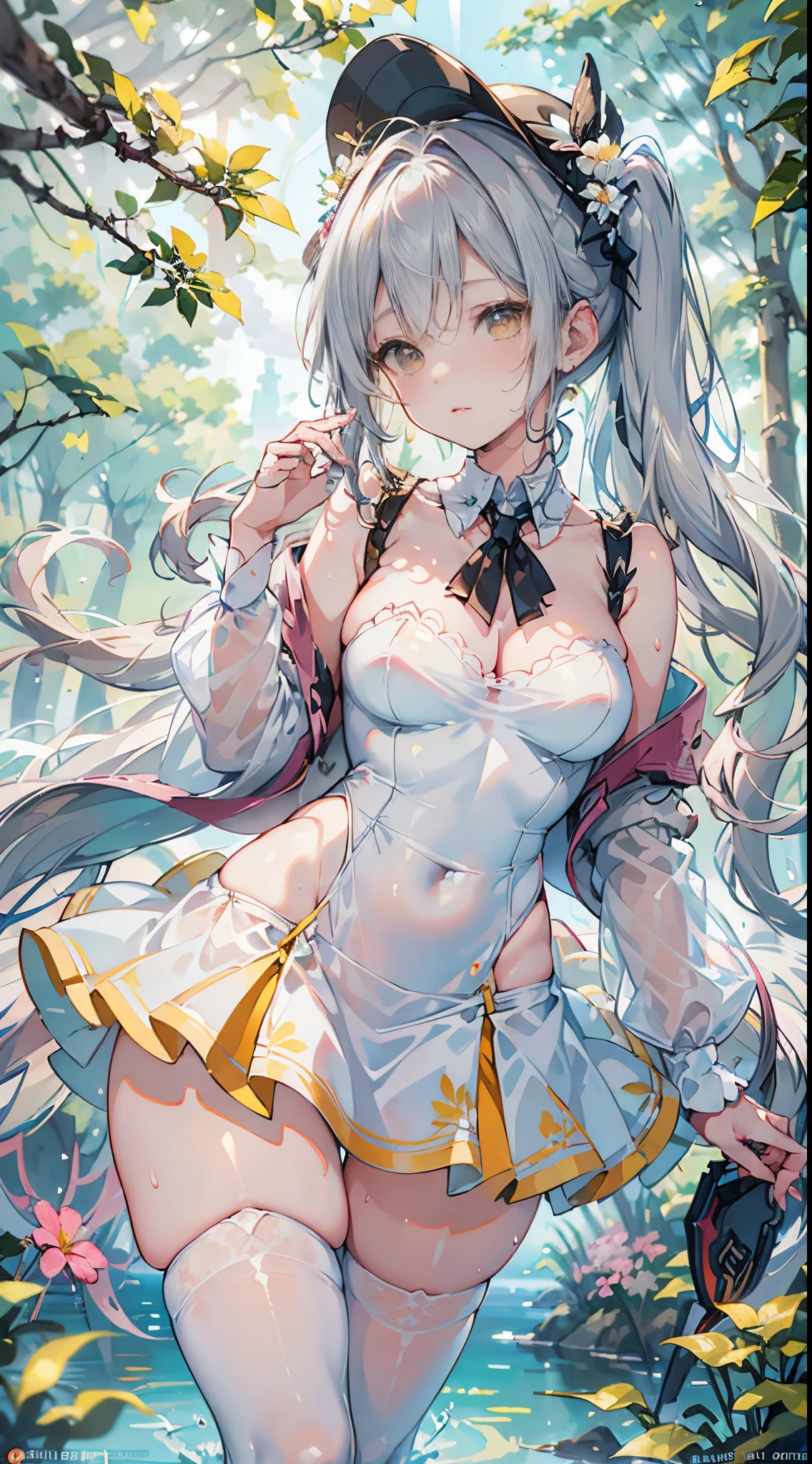 masterpiece, best quality, ultra-detailed, illustration, abstract, innovative, experimental, unique, over exposed, 1girl, solo,,outdoors, twin ponytails, silver hair, yellow eyes, vivid color, blue:0.8, white collared dress, white thighhighs, bolo tie, collar, straw hat, sunny, stream, water, orange:0.4, pink:0.8, flower, leaf, ((blurry foreground)), great view, looking at viewer, watercolor \(medium\), Mid-range, colorized, art by Cornflower, dreamy, full body, beautiful detailed eyes ,elegant eyelashes, beautiful detailed face, (an extremely delicate and beautiful) , studio photography, extremely detailed wallpaper, (backlighting:0.6),(covered nipples)