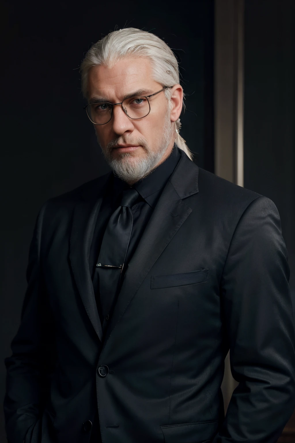 Caucasian handsome man, ponytail white hair, Wearing glasses, With black Ralph Lauren suit and slim-fit shirt, white beard, muscular body, very realistic, looking directly at the camera, highlighting his expressive face and his elegance, highly detailed, elegant, slate atmosphere, slate atmosphere