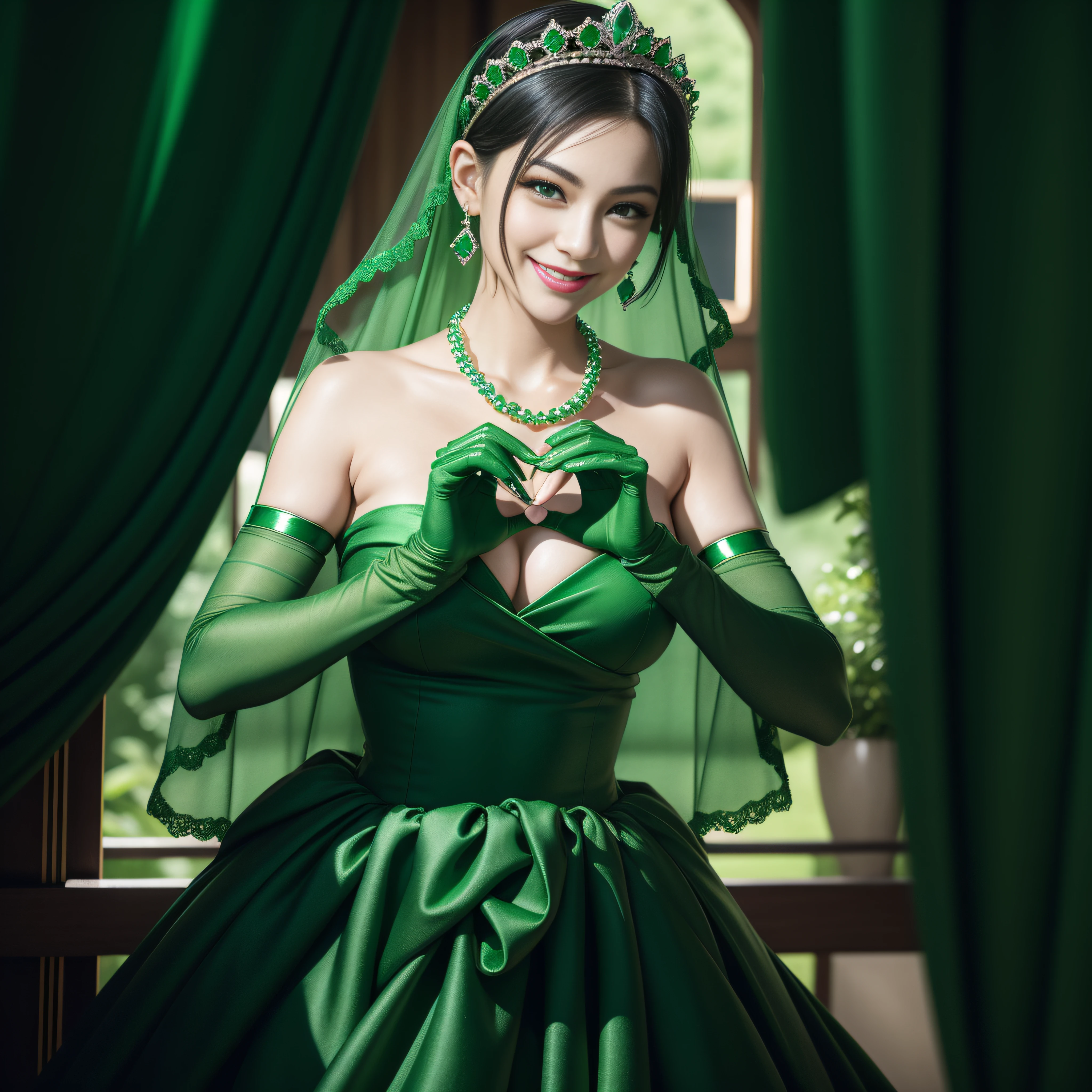 emerald tiara, Green Pearl Necklace, Boyish very short green hair, lipsticks, Japan woman smiling, very short short hair,  big breasts beautiful, Green eyes, Long green gloves made of satin material, Green eyes, Emerald Earrings, green vale, Heart with both hands, Green hair