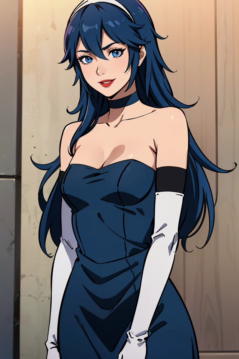 lucina fe, blue hair, blue eyes, blue dress, strapless dress, long white elbow gloves, smile, light red lipstick, dark purple eye shadow, makeup, black choker, cowboy shot