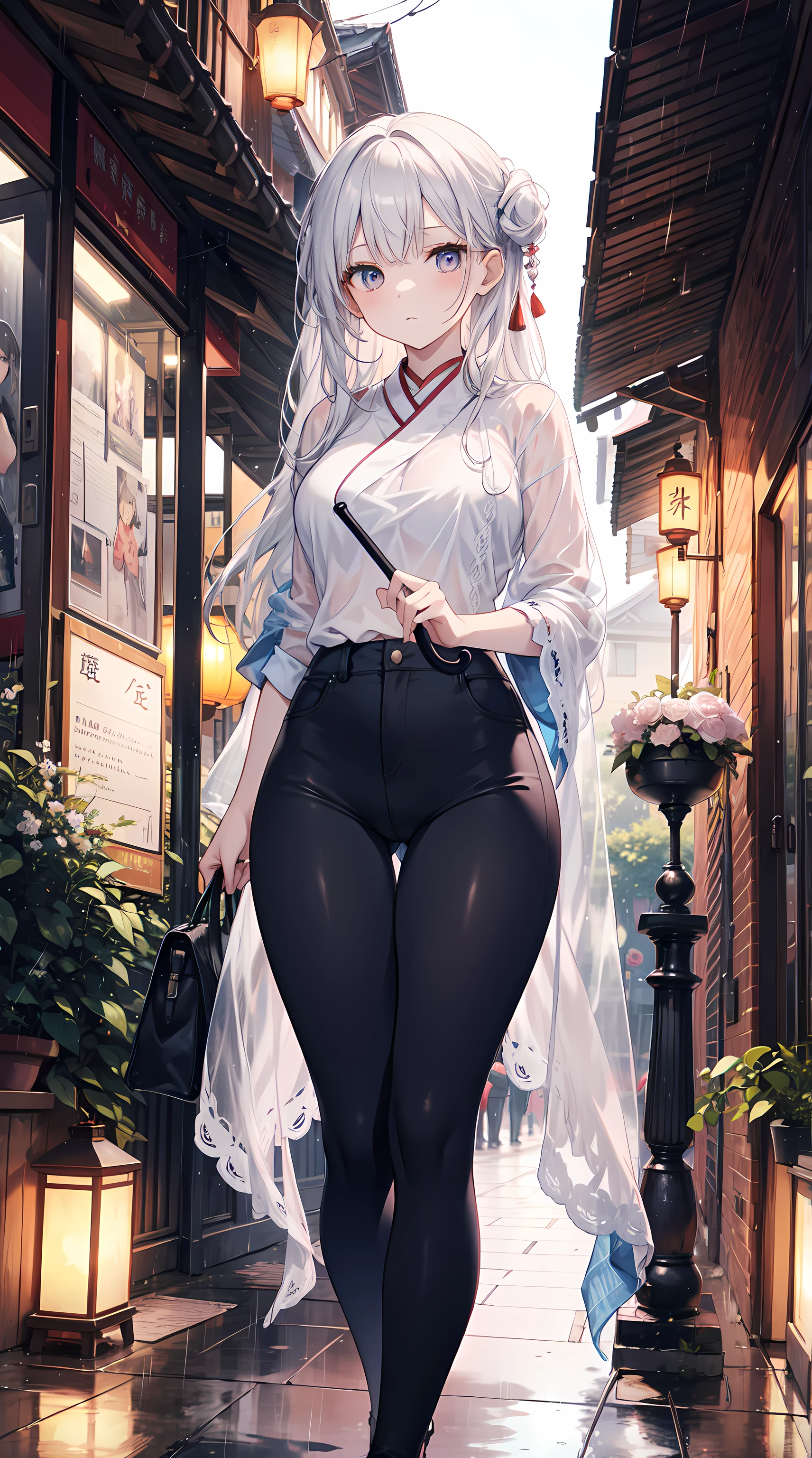 On the playground where it rains, Girl hits the umbrella above her head, Holding an umbrella in the other hand, Blue denim leggings, Masterpiece Superb Night Moon Full Moon 1 Female Mature Woman, Sister Hua and Sister Yu have a cold expression, a woman with long silver-white hair, light pink lips, calm and intellectual, strolling on the street with lanterns and flowers balls in the background., Long hair shawl,