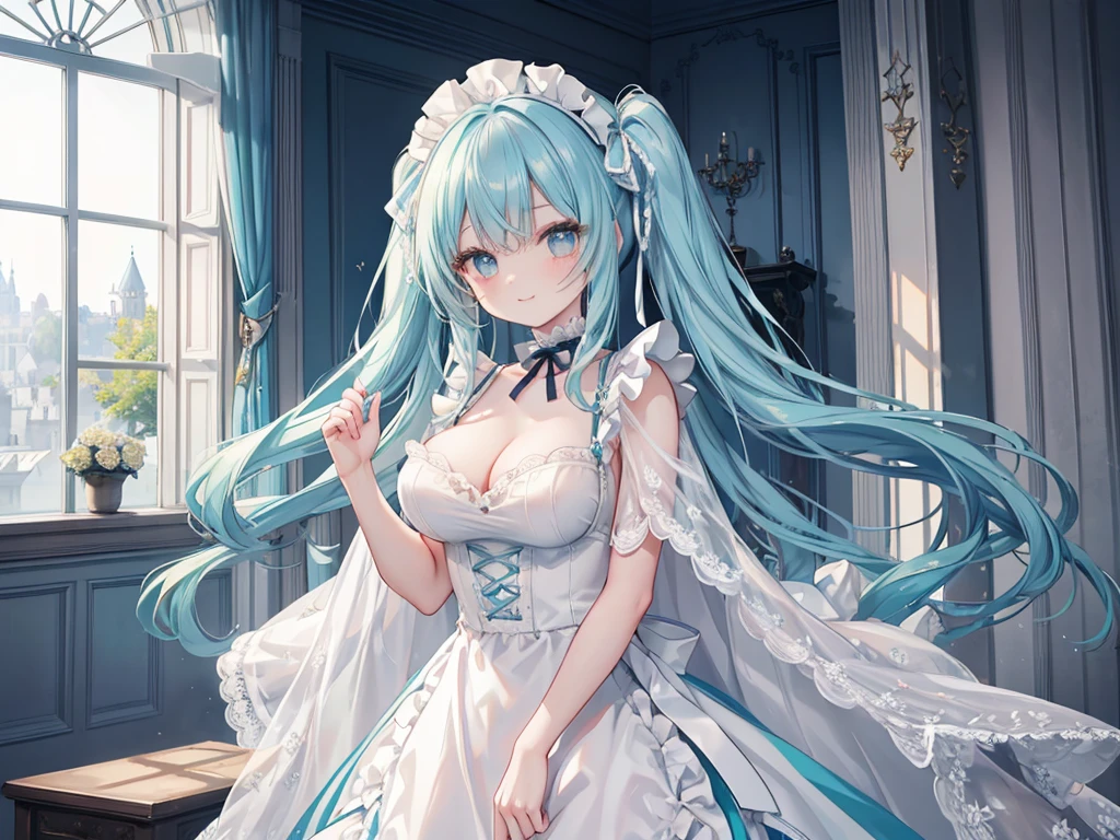 1 woman、Hair that shines like pale aquamarine、Twin-tailed、Sparkling aquamarine eyes、爆乳、Too large breasts、Seductive breasts、Lace dress、maid clothes、lace cape、aquamarine choker、Castle Room、Long Lace Bale、Ruffles and ribbons、A smile、The upper part of the body