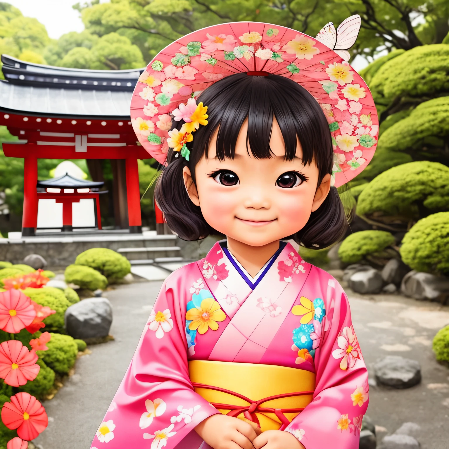 photoRealstic、Japan shrine in the background、３Year old girl、Wearing a kimono to celebrate Shichi-Go-San、Traditional events of Japan、Smile, kawaii pose 、 ultradetailed eyes、Full Paint、Floral hair ornament、butterfly hair ornament、on my right hand, I have a bag of Chitose candy、Strong bokeh、Flowers in the foreground
