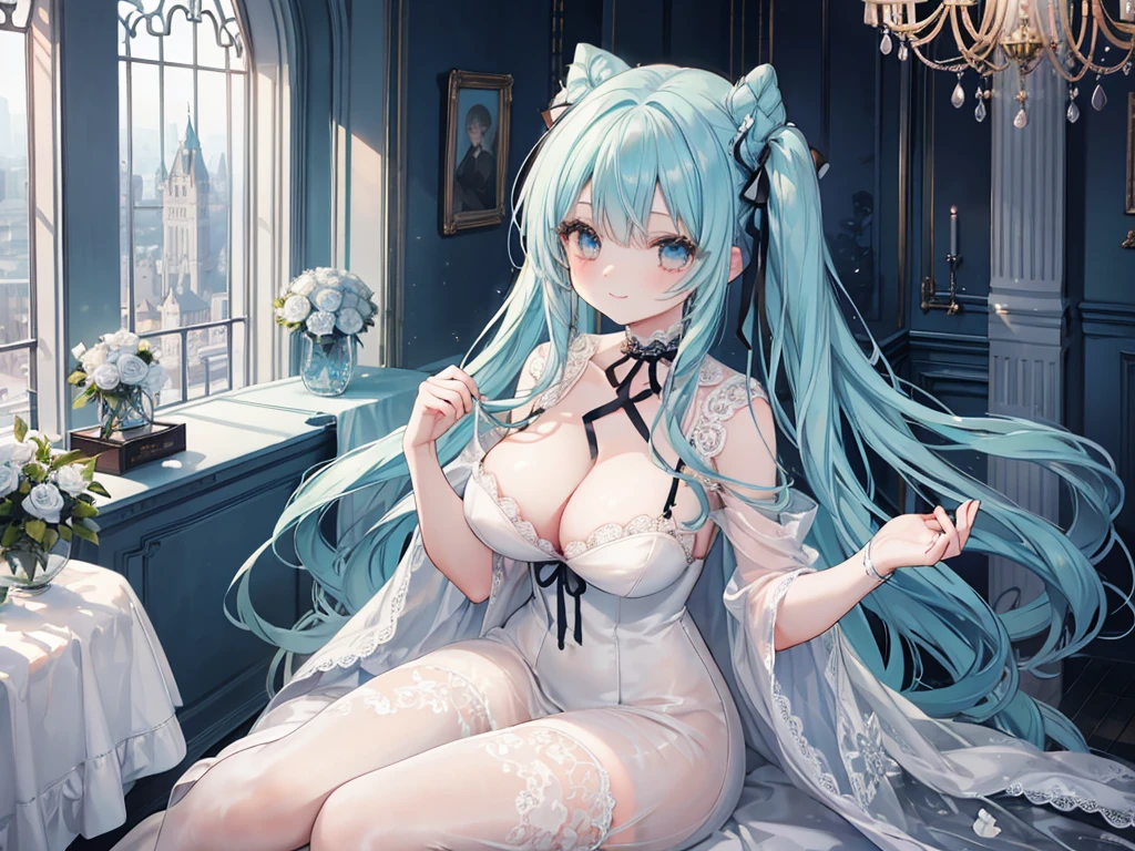 1 woman、Hair that shines like pale aquamarine、Twin-tailed、Sparkling aquamarine eyes、爆乳、Too large breasts、Seductive breasts、Lace dress、doress、lace cape、aquamarine choker、Castle Room、Long Lace Bale、Ruffles and ribbons、A smile、The upper part of the body