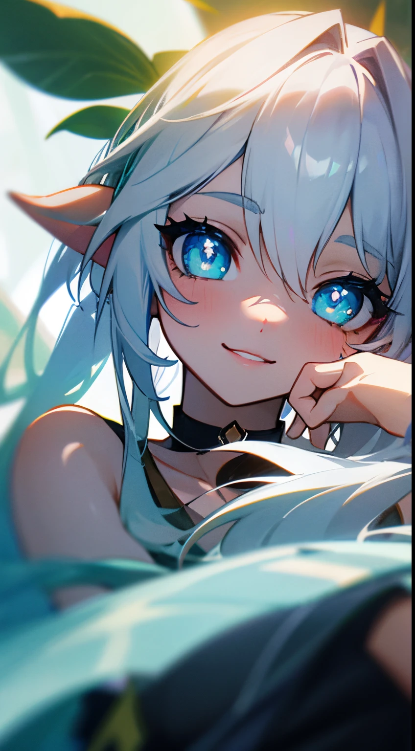 8K, On the table, RAW photogr, Best quality at best, realisticlying, Highly detailed CG Unity 8k wallpaper, depth of fields, 电影灯光, lens flare glow, Ray traching, (Extremely beautiful face, beautifullips, pretty eyes), Intricately detailed face, ((Ultra-delicate skin)) 1 girl in, in the darkness nigth, deepshadow, Cute little girl s, ((looking at viewert)), (seduct smile), (vague background), 耳Nipple Ring, bangle, choker necklace, Clear eyes, Front Shooting, (pale-skinned), Face forward, (largeeyes), ((upper body shot)), (Camel toes), White hair、blue colored eyes、white colors、Winters、green trees々、rays of sunshine