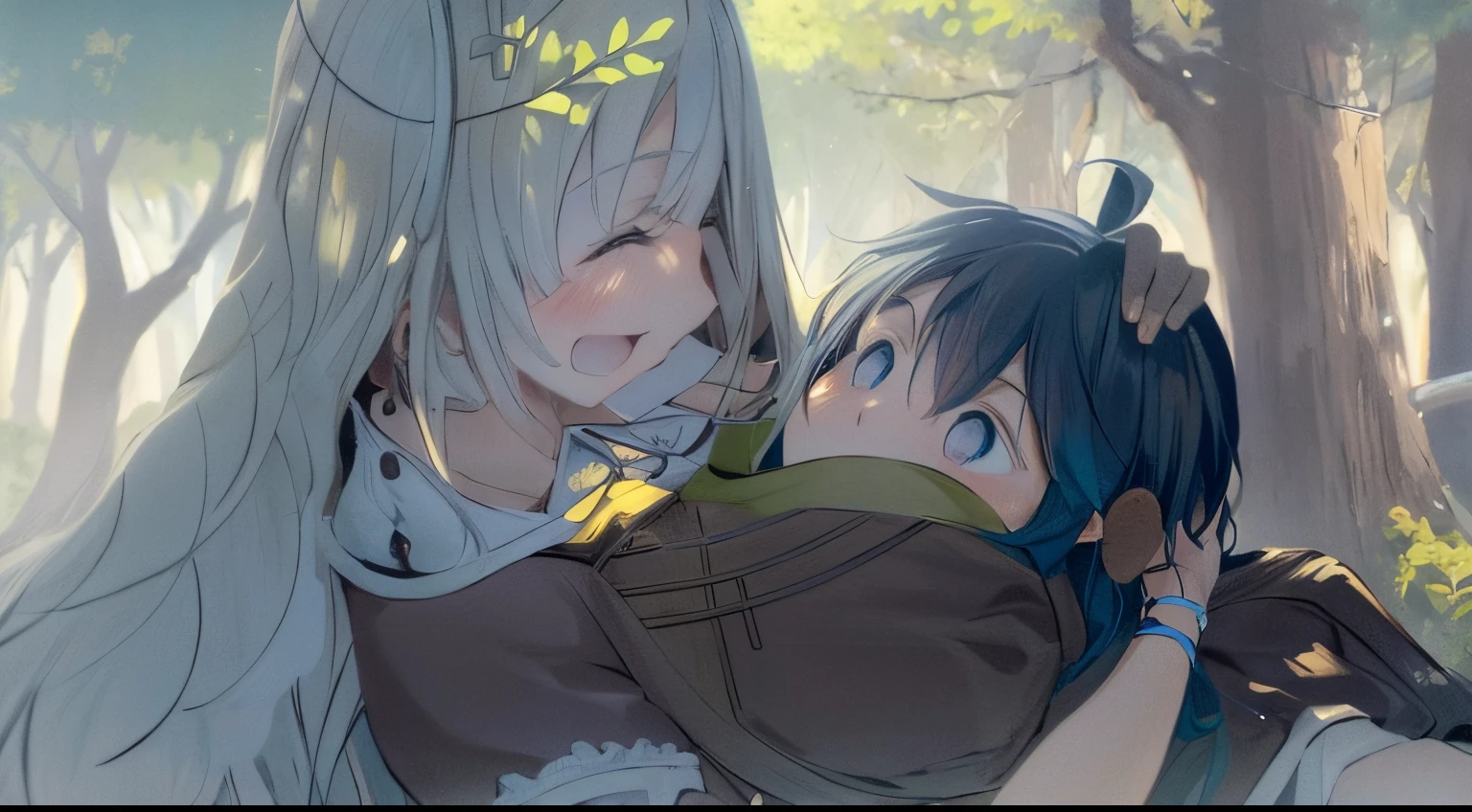 anime characters hugging each other in the forest with trees in the background, em nenhum jogo nenhuma vida, high resolution!!, Feliz!!!, Anime de Sete Pecados Capitais, anime", anime exuberante john 8k madeiras, Fuso Rei, fofo!!!, tiro de close-up, colored manga panel, Anime de hoje ainda em destaque, coloured manga scan, reencarnado como um limo, totalmente colorido
