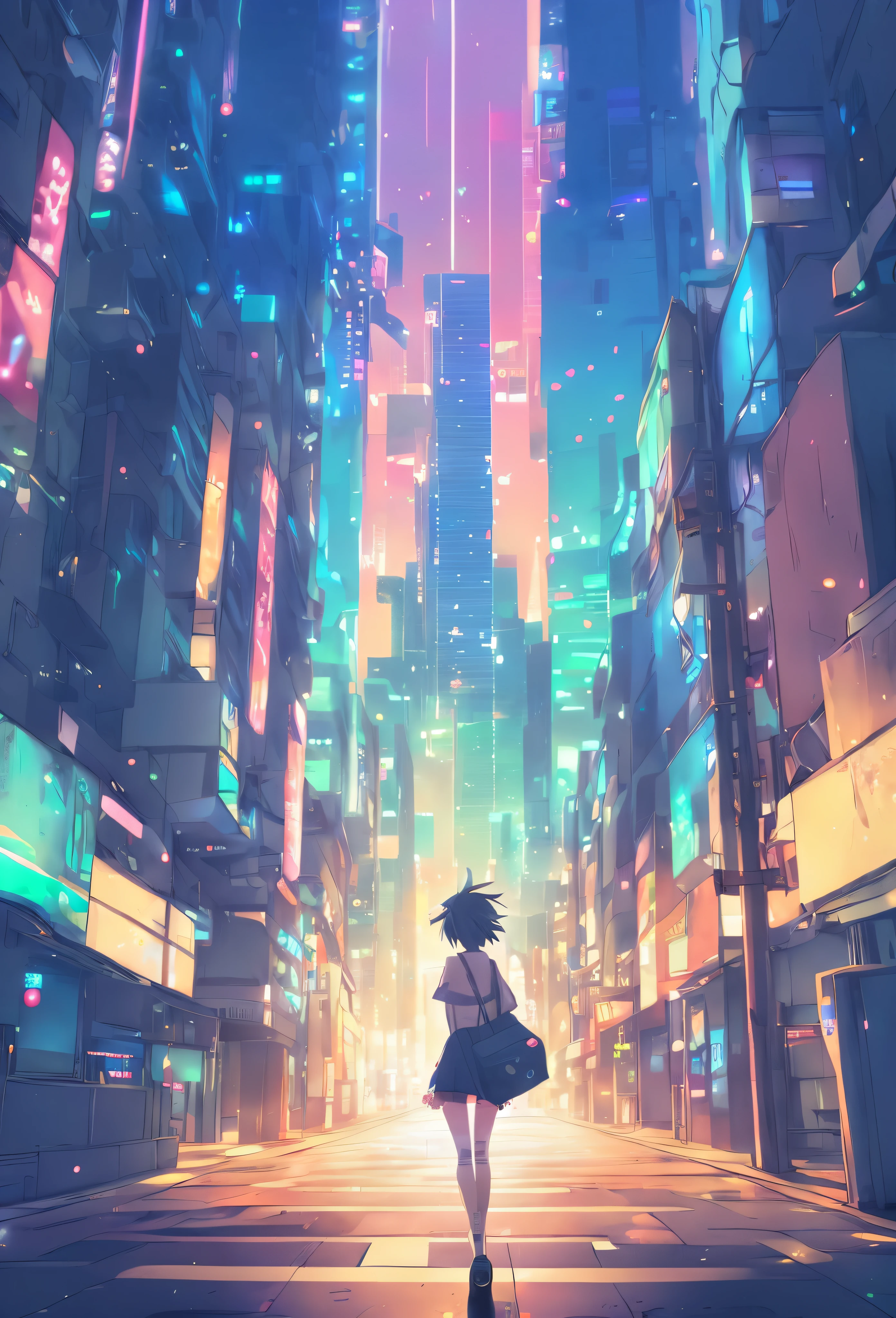 Anime girl walking on city street with backpack in hand, Anime art wallpaper 4k, Anime art wallpaper 4k, Anime art wallpaper 8 K, makoto shinkai cyril rolando, anime style cityscape, Anime style 4k, Anime wallpaper 4k, Anime wallpaper 4k, 4k anime wallpapers, Tokyo anime anime scenes, in front of a sci fi cityscape