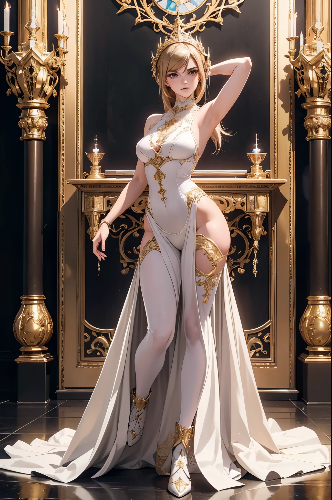 Beautiful Alluring Ornate female holy paladin emma watson, Athletic Well Toned Body, Elegant Form, Inside A holy Throne Room, white linen, shiny white metal, gold filigree, metal armor bikini, Beautiful Face, Gothic Theme, baroque theme, Fiverr Dnd Character, Octane Render, Digital Art, Extreme Detail, 4k, Ultra Hd, Polished, Beautiful, Hyperdetailed, Intricate, Elaborate, Meticulous, Photorealistic, Sharp Focus, Wlop, Character Design, Unreal Engine, 3d Rendered, Volumetric Lighting, Reflections, Glossy, Digital Illustration, Sensual Pose, Suggestive Pose, Full Body Shot, anatomically correct, 💖❤💕💋❣