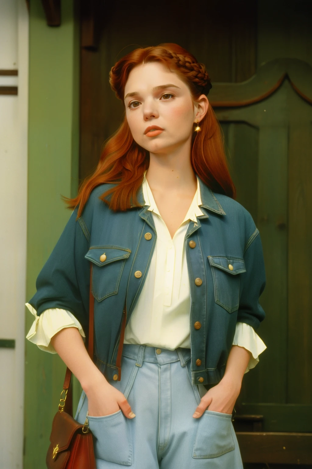 1997, Berkshire County, Massachusetts. Pre-raphaelite (((45-year-old Sutton Foster))), redhead, visiting the village street, ((((casual Clothing from the 1990s)))), ((Hairstyle of the 1990s)), ((Wes Anderson cinematic style)), colorful