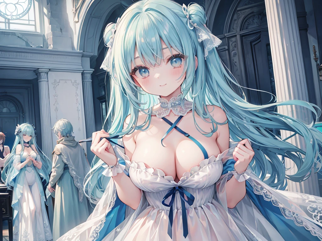 1 woman、Hair that shines like pale aquamarine、Twin-tailed、Sparkling aquamarine eyes、爆乳、Too large breasts、Seductive breasts、Lace dress、swim wears、lace cape、aquamarine choker、Castle Room、Long Lace Bale、Ruffles and ribbons、A smile、The upper part of the body