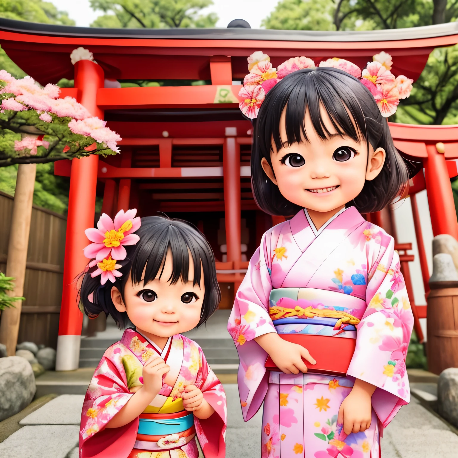 photoRealstic、Japan shrine in the background、3Year old girl、Wearing a kimono to celebrate Shichi-Go-San、Traditional events of Japan、Smile, kawaii pose 、 ultradetailed eyes、Full Paint、Floral hair ornament、butterfly hair ornament、on my right hand, I have a bag of Chitose candy、Strong bokeh、Flowers in the foreground