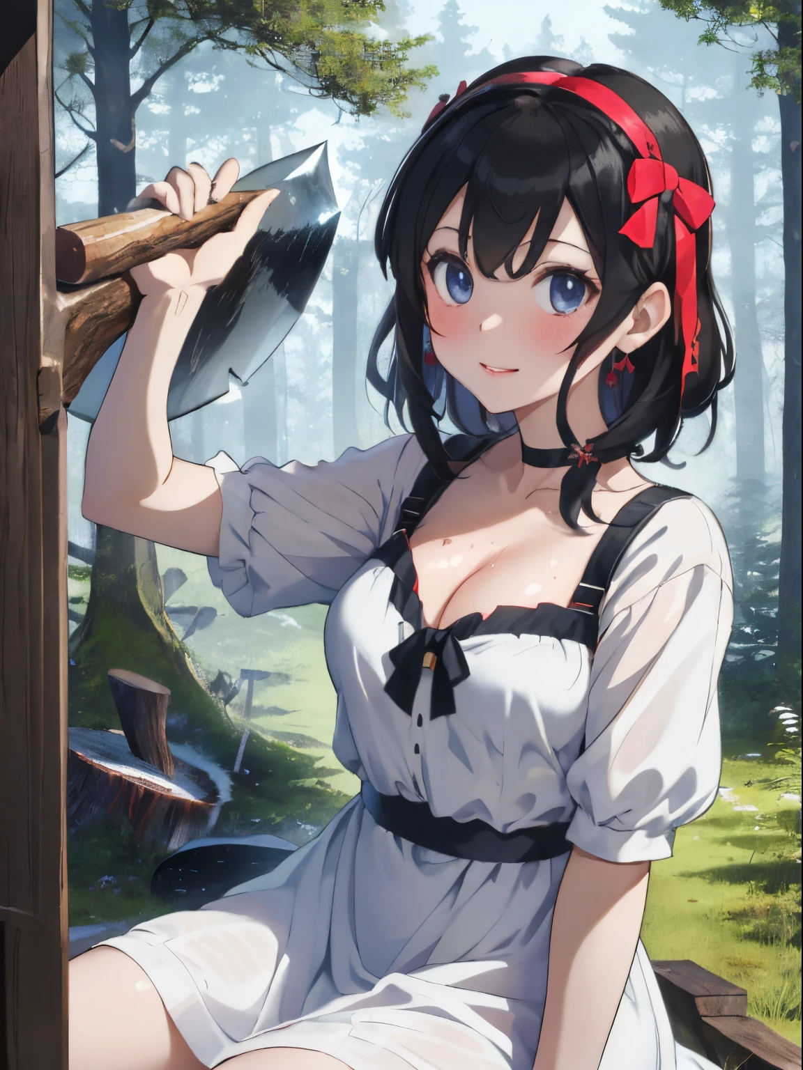 masterpiece, Highest quality, Highest quality, High resolution, concentrated、The top and bottom of her underwear are visible、Open chest、The crotch is open、Girl swinging an axe、Fleeing Goblin、Draw from a mid-distance perspective
