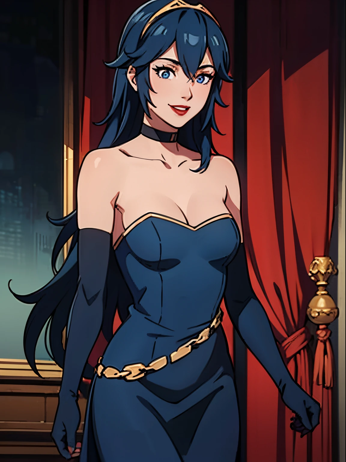 lucina fe, blue hair, blue eyes, blue dress, strapless dress, long white elbow gloves, smile, light red lipstick, dark purple eye shadow, makeup, black choker, cowboy shot