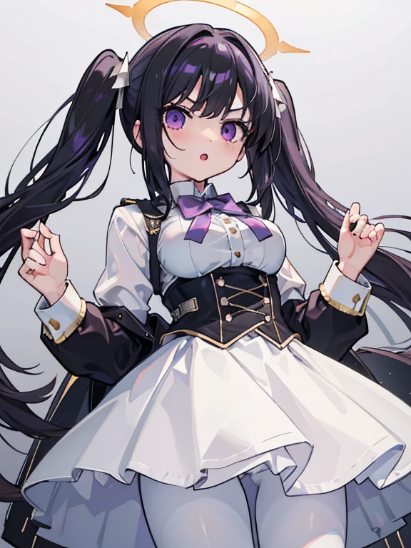 white skirt,black hair, twintails, white skirt,white pantyhose,corset, 8K, masterpiece,detailed halo,16 years old highly detailed face,medium breast,solid circle eyes,wing on the waist,purple eyes,god ray,detailed shading,depth of field BREAK angry, :o, blush, flipping skirt, skirt lift, self lift, from below