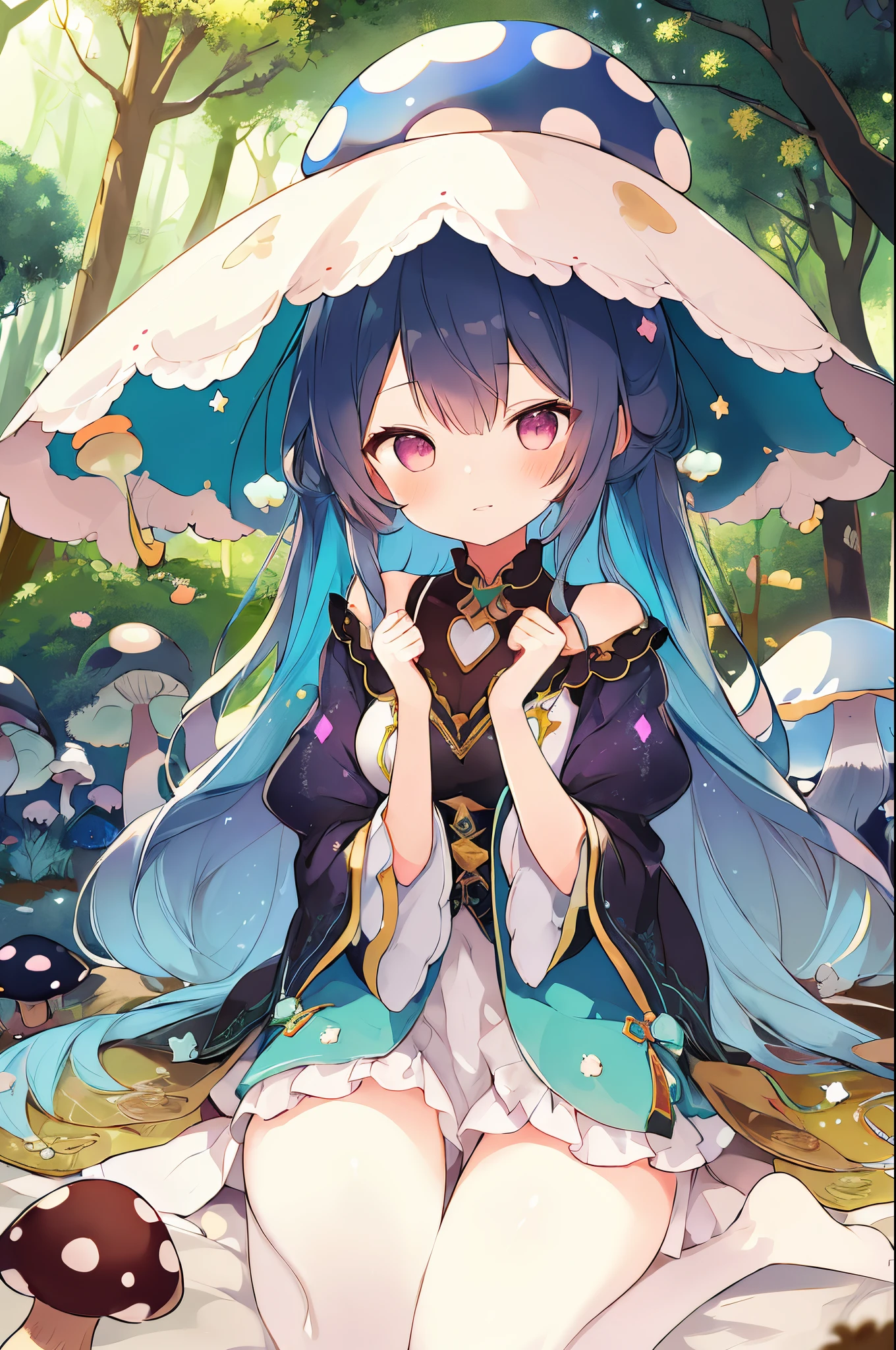 (a girl with) mushroom on head, detailed hair, colorful mushrooms all over, vibrant colors, fantasy style, ethereal lighting, best quality, ultra-detailed, dreamy atmosphere, magical forest background, whimsical, surreal scene.
