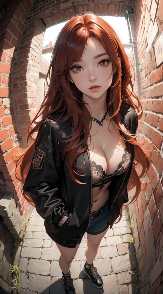 (((8k wallpaper of extremely detailed CG unit:1.2, masterpiece, hight resolution:1.2, top-quality:1.2, masutepiece))), ((a very beautiful woman, Hands in pockets:1.8, Grunge Fashion, Wearing a blouson:1.1, Wearing shoes)), ((extra detailed face, Highly detailed black eyes, extra detailed body, Top quality real texture skins)), (Red-haired, The long-haired, de pele branca, Small:1.2, Exposed cleavage), ((surrounded by a brick wall)), (high-angle:1.2, a closeup, Fisheye:1.4), hyper realisitic, digitial painting,