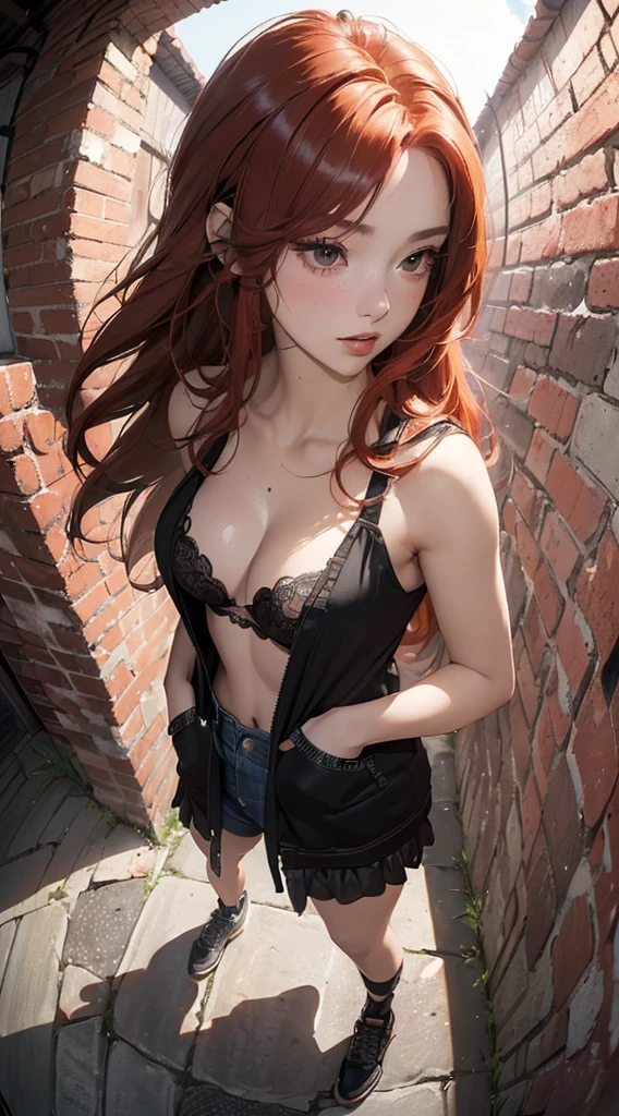 (((8k wallpaper of extremely detailed CG unit:1.2, masterpiece, hight resolution:1.2, top-quality:1.2, masutepiece))), ((a very beautiful woman, Hands in pockets:1.8, Grunge Fashion, Wearing a blouson:1.1, Wearing shoes)), ((extra detailed face, Highly detailed black eyes, extra detailed body, Top quality real texture skins)), (Red-haired, The long-haired, de pele branca, Small:1.2, Exposed cleavage), ((surrounded by a brick wall)), (high-angle:1.2, a closeup, Fisheye:1.4), hyper realisitic, digitial painting,