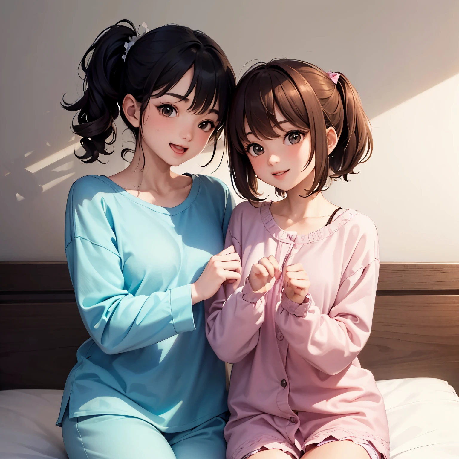 Two cute girls in pajamas are playing with each other in bed。。They are both very cute,Smiling,girly girl with short hair、Boyish girl with ponytail,Accurately drawn face,a junior high school student,tre anatomically correct,perfectly proportions,Precise fingers,The pajamas are big so you can see a little of my chest..,Fun atmosphere,Casual Bedroom,masterpiece,Best Quality,