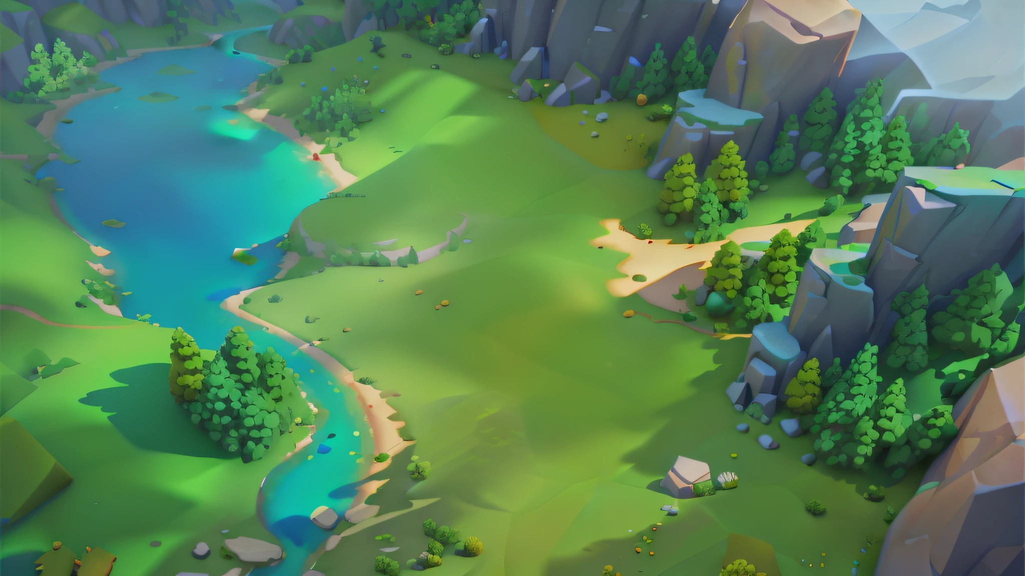 strong sunlight and shadows，dingdall effect，and the sun was shining brightly，lowpoly landscape，River and trees close-up, stylized as a 3d render, High quality low-poly art, sunlighting，Ultimate light and shadow effects，Disney  style，Wonderful and magical，k hd，Works of masters，8K quality