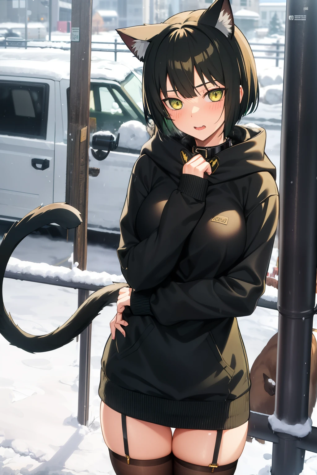 Cute girl, dark green hair, yellow eyes, short hair, cat ears, cat tail, cat collar, Winter clothes, Snow, rain, air, sexy body, sex, sexy, My dear, I want you to warm me, Cold, Honey, would you hold my ass, Beautiful black clothes,