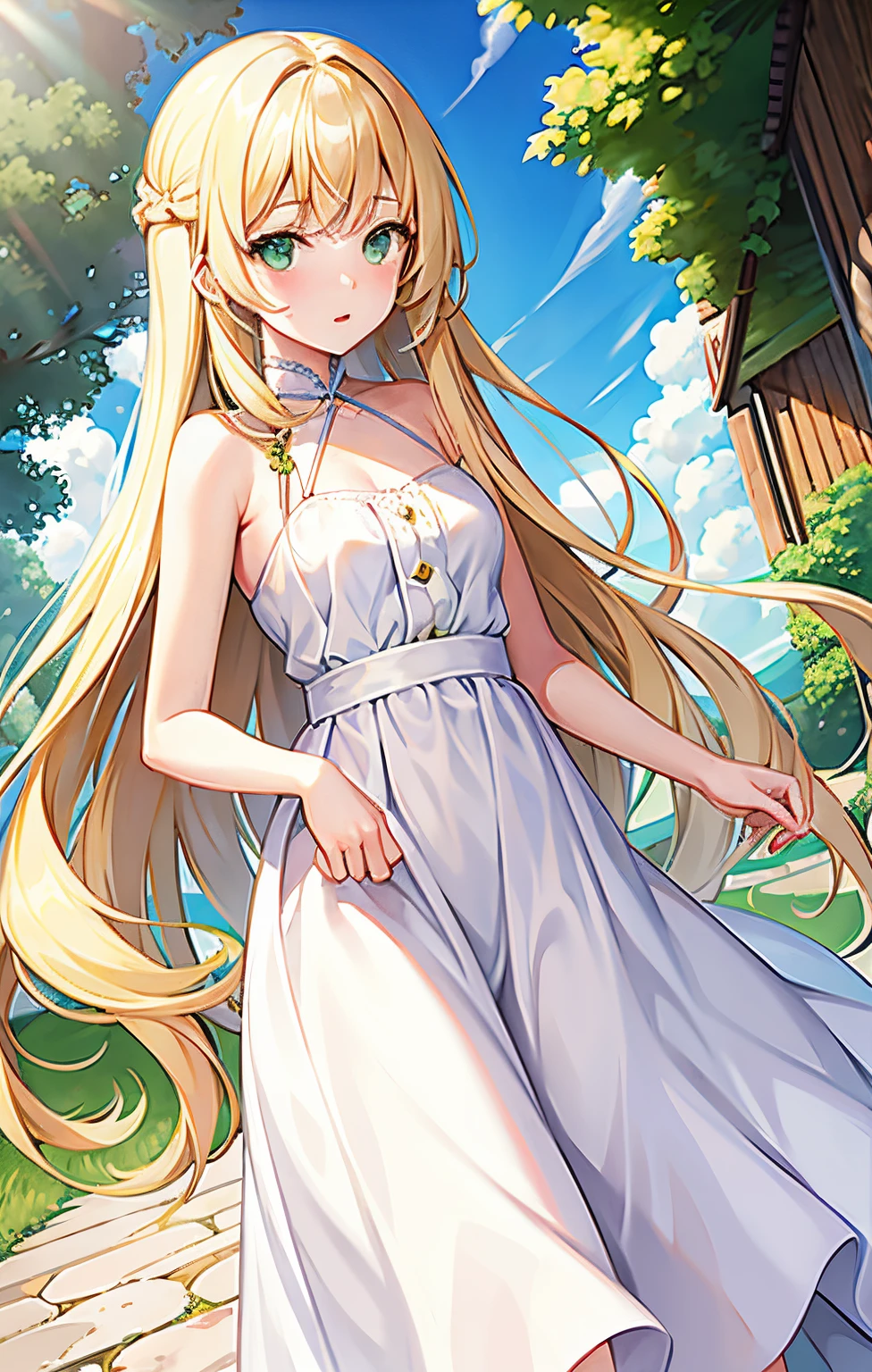 1girl,blonde hair, green eyes, tied hair, long hair, white dress, anisphia,