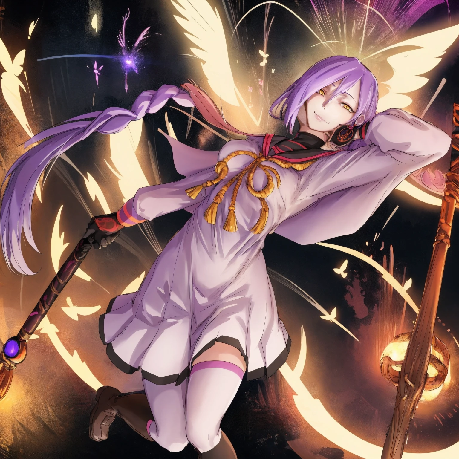1girl, solo, looking at viewer, cowboy shot, hand arms full body,boots, standing,cute,breast, curvy, female,fantasy goddess,there is a cartoon picture of a woman with a very large breast, glowing divine being, glowing holy aura, inspired by Luma Rouge, the non-binary deity of spring, ethereal rainbow nimbus, the butterfly goddess of fire, inspired by Mariel, glowing aura around her, astral wind, as the goddess of the saturn, “uwu the prismatic person, big breast, serious, beautiful eyes, , full body, walking, long robe, long dress, ,priestess ,holy, smile, god rays, ray tracing, sparkle, cinematic lighting, UHD, retina, masterpiece, ccurate, anatomically correct, textured skin, super detail, high details, high quality, award winning, best quality, highres, 1080P, HD, 4K, thunder aura, light aura,full, snak staff,closed mouth,#anime #character #re:creators #maggane chikujoin Trigger Words: chikujoin magane sharp teeth single braid school uniform serafuku pleated skirt thighhighs gloves earrings Version No.:, long skirt, sharpteeth smile, pullover,tunic, sworld holdin