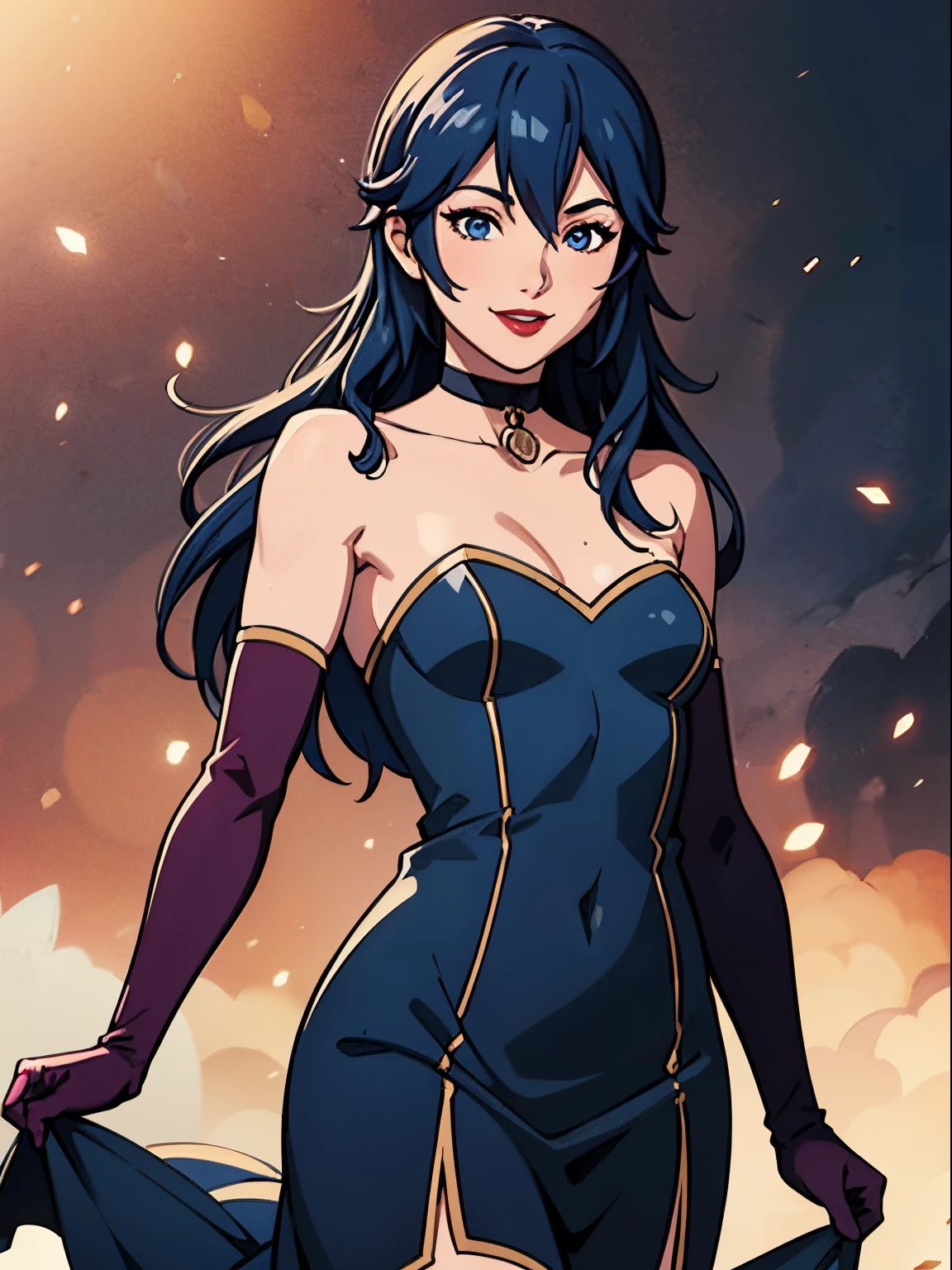 lucina fe, blue hair, blue eyes, blue dress, strapless dress, long white elbow gloves, smile, light red lipstick, dark purple eye shadow, makeup, black choker, cowboy shot