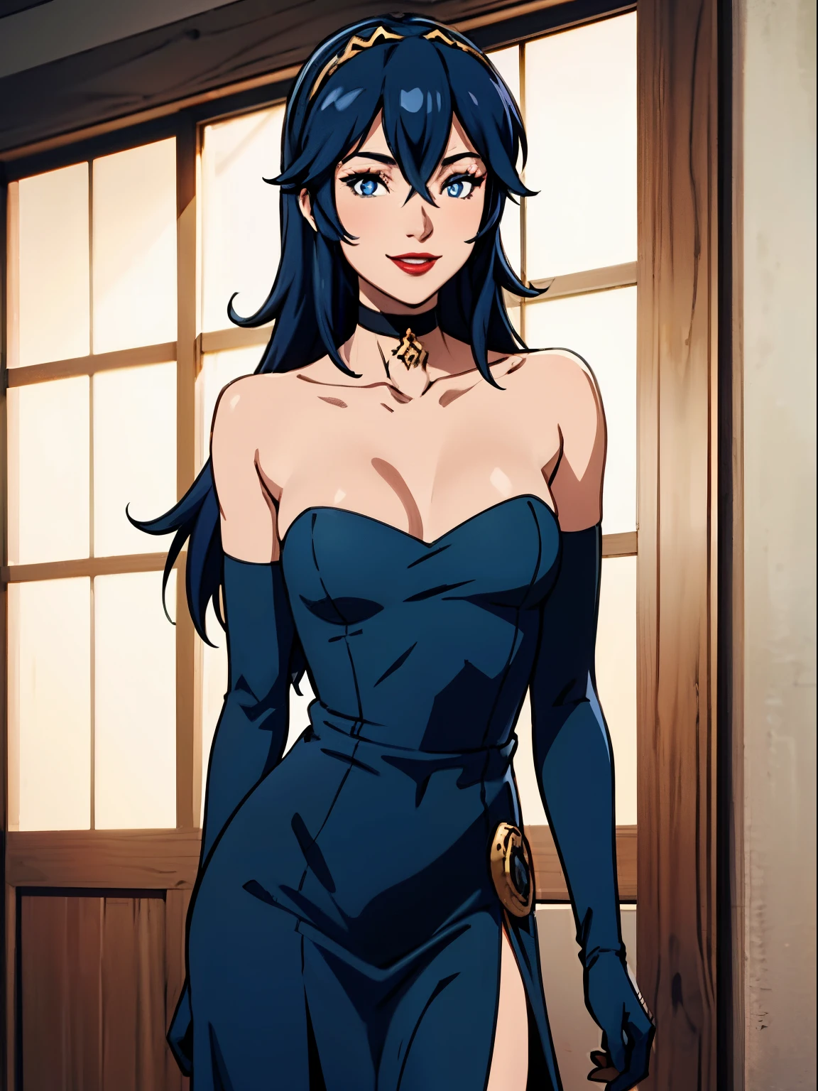 lucina fe, blue hair, blue eyes, blue dress, strapless dress, long white elbow gloves, smile, light red lipstick, dark purple eye shadow, makeup, black choker, cowboy shot