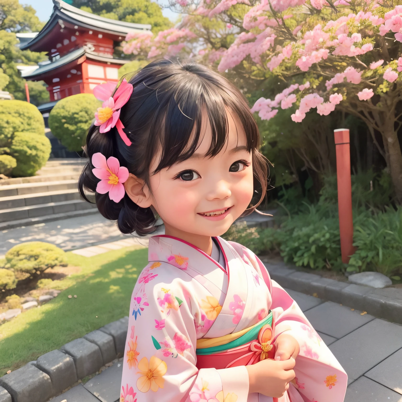 photoRealstic、Japan shrine in the background、３Year old girl、Wearing a kimono to celebrate Shichi-Go-San、Traditional events of Japan、Smile, kawaii pose 、 ultradetailed eyes、Full Paint、Floral hair ornament、butterfly hair ornament、on my right hand, I have a bag of Chitose candy、Strong bokeh、Flowers in the foreground
