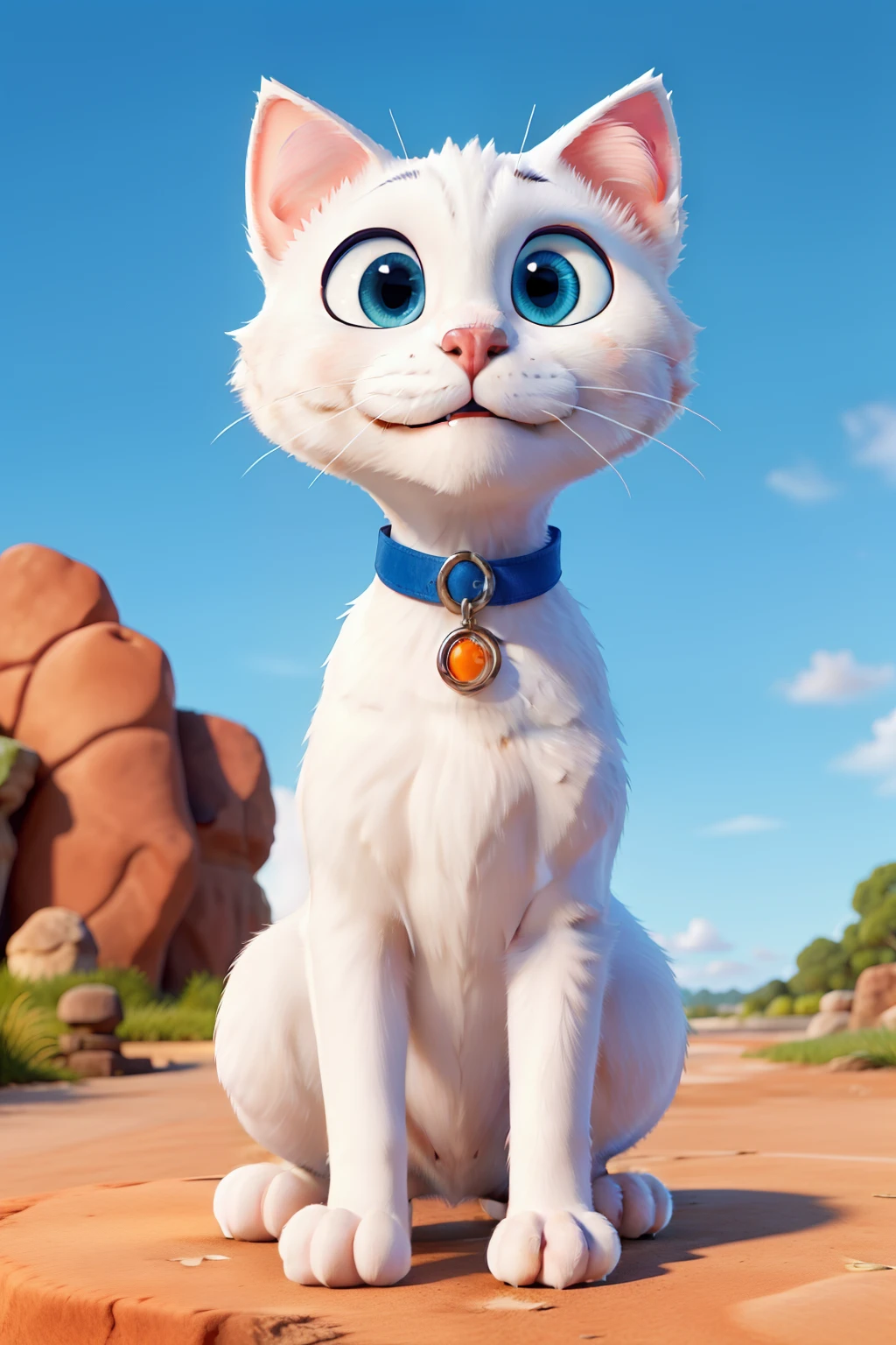 Disney Poster, A white cat with orange lines, sky blue eyes, furry and cute, Khim