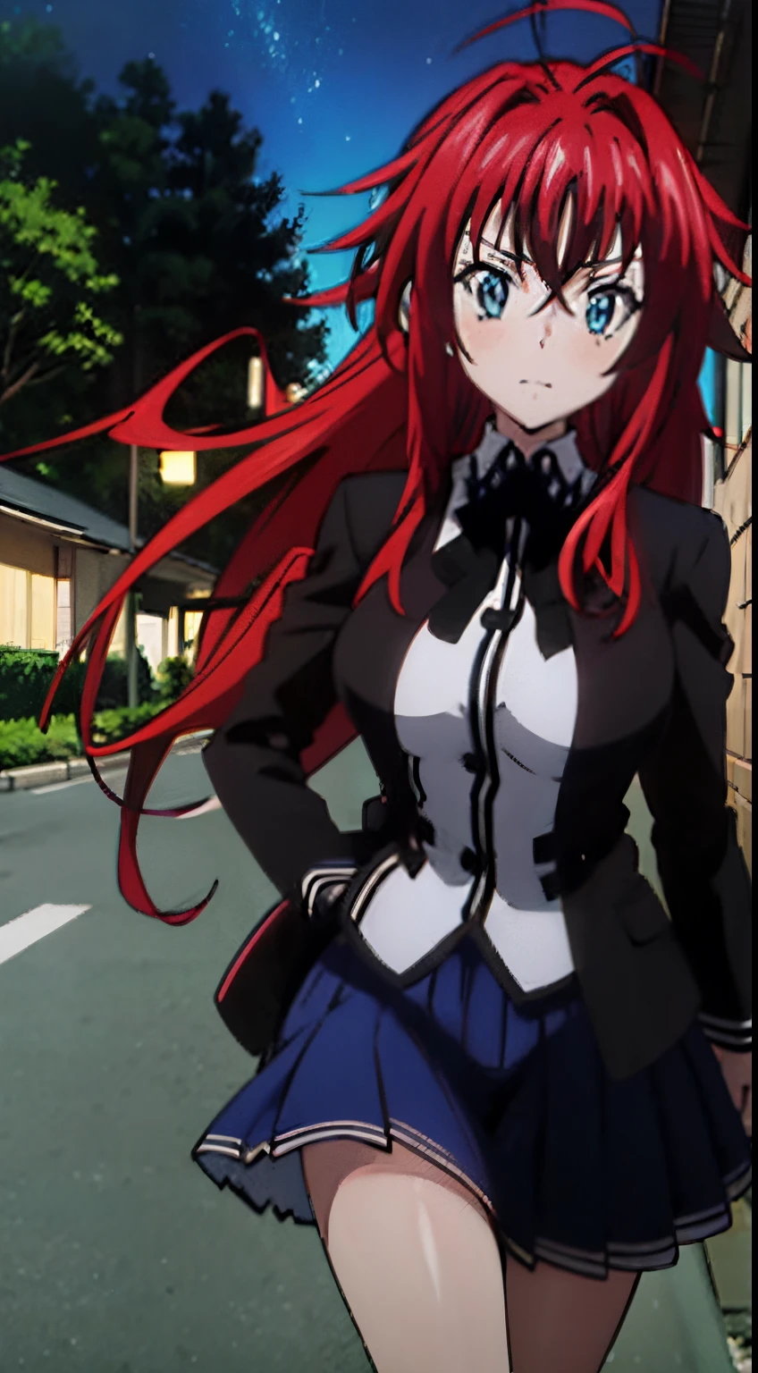 masterpiece, best quality, 1girl, long hair, looking at viewer, :3, cute, black school uniform, outdoors, streets, cowboy shot, large breasts, curvy, (((blue eyes))),  rias gremory, red hair, antenna hair,  wavy hair, ((beautiful detailed eyes, beautiful detailed glow, lots of glow)), anime screencap,night, park, sky full of stars, date