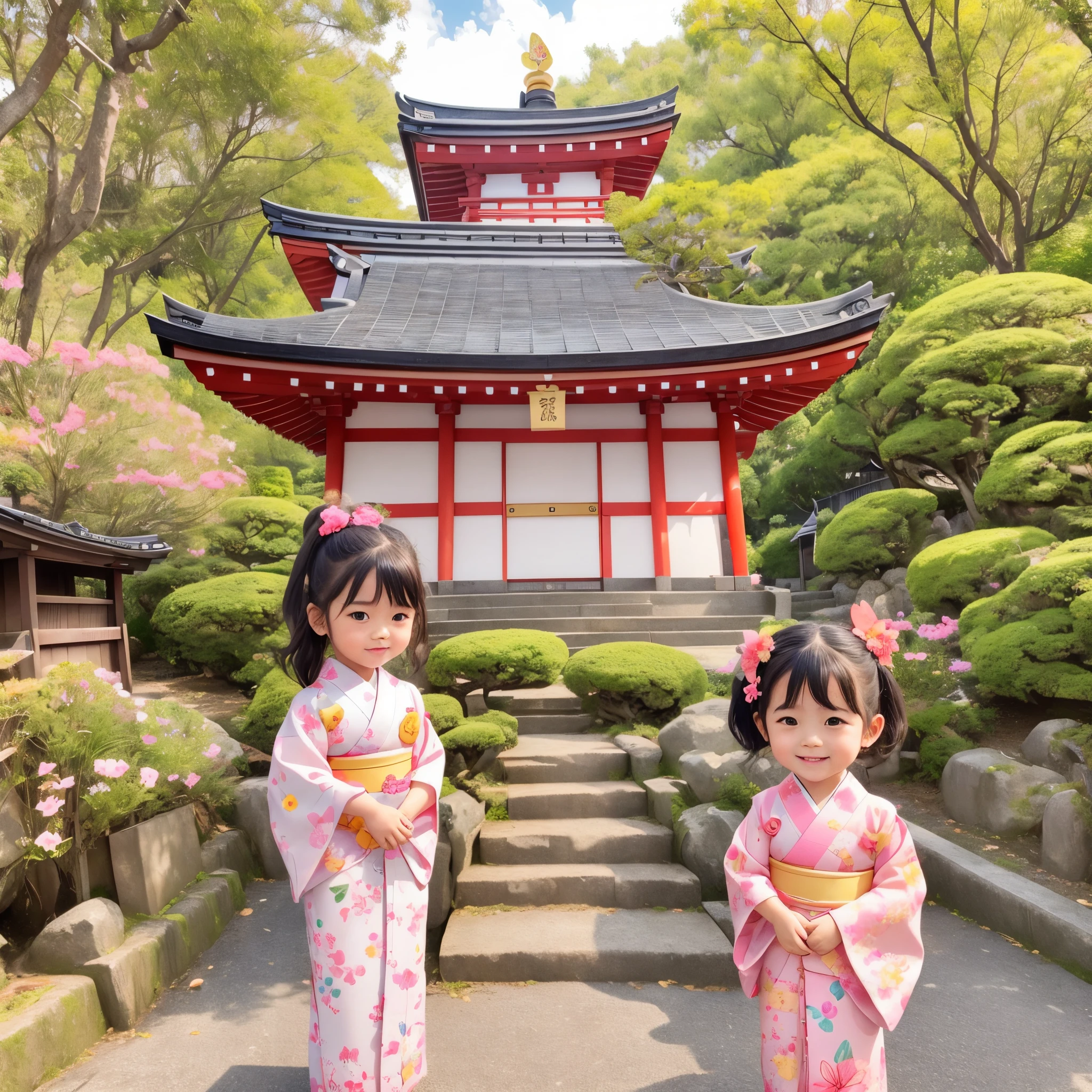 photoRealstic、Japan shrine in the background、３Year old girl、Wearing a kimono to celebrate Shichi-Go-San、Traditional events of Japan、Smile, kawaii pose 、 ultradetailed eyes、Full Paint、Floral hair ornament、butterfly hair ornament、on my right hand, I have a bag of Chitose candy、Strong bokeh、Flowers in the foreground