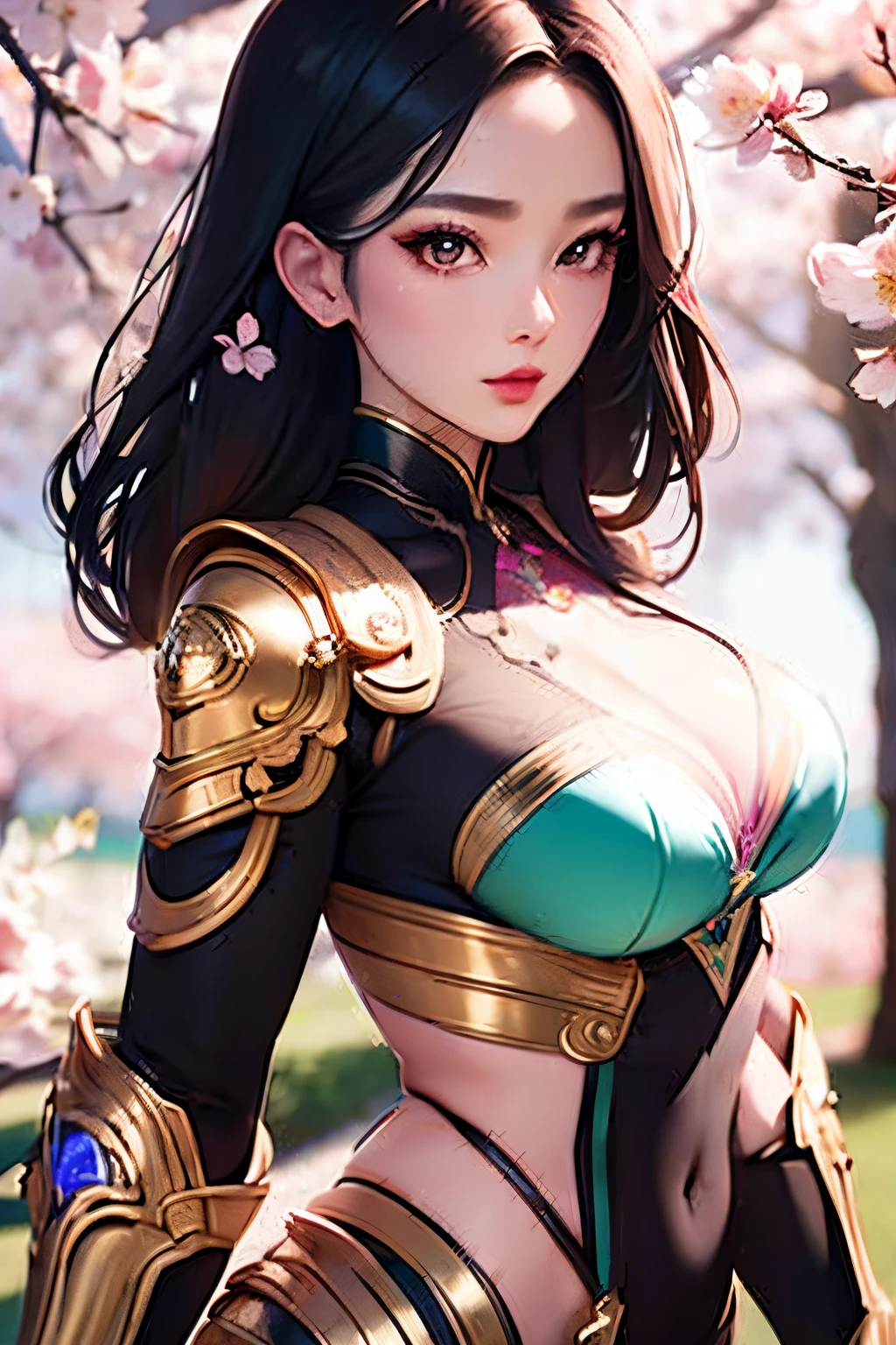 beautiful japanese young woman, wearing cyborg armor, thick symmetrical features, very short hair, background is cherry blossoms, pink aura, red lips, octane render,