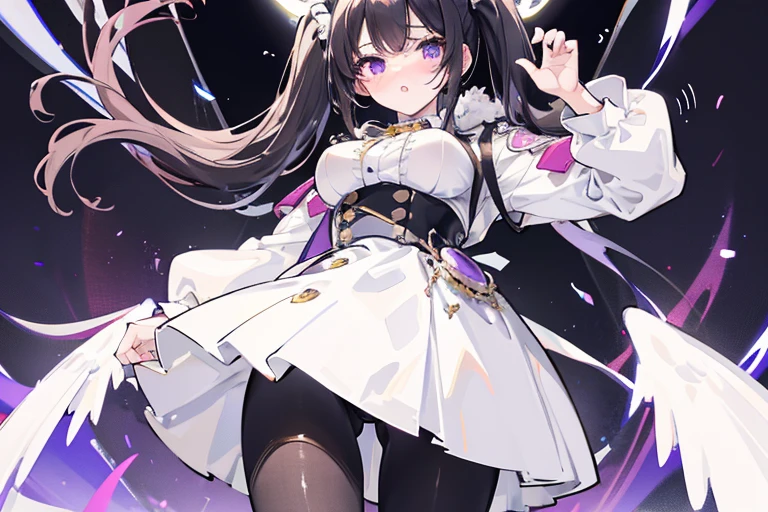 white skirt,black hair, twintails, white skirt,white pantyhose,corset, 8K, masterpiece,detailed halo, highly detailed face,medium breast,solid circle eyes,wing on the waist,purple eyes,god ray,detailed shading,depth of field BREAK angry, :o, blush, flipping skirt, skirt lift, self lift, from below