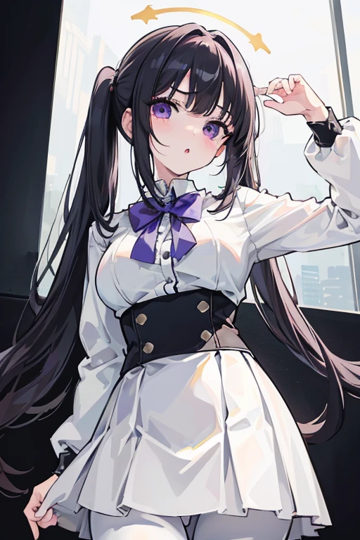 white skirt,black hair, twintails, white skirt,white pantyhose,corset, 8K, masterpiece,detailed halo,16 years old highly detailed face,medium breast,solid circle eyes,wing on the waist,purple eyes,god ray,detailed shading,depth of field BREAK angry, :o, blush, flipping skirt, skirt lift, self lift, from below