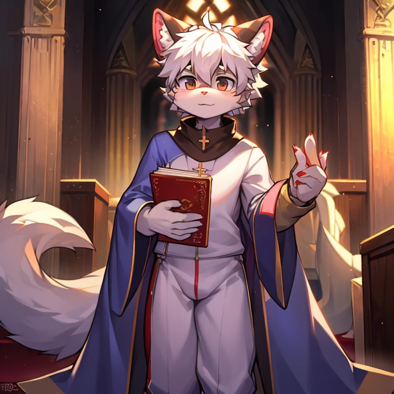 1boy, solo (thin:1.5), (twink), kemono, Furry, furry bunny, anthropomorphic, male, silver fur, silver skin, green eyes, magical girl theme, magical girl outfit, red magical girl dress, thong, with a wizard spell book on the belt, revealing outfit, mini skirt, femboy, uploaded on e621, sexy