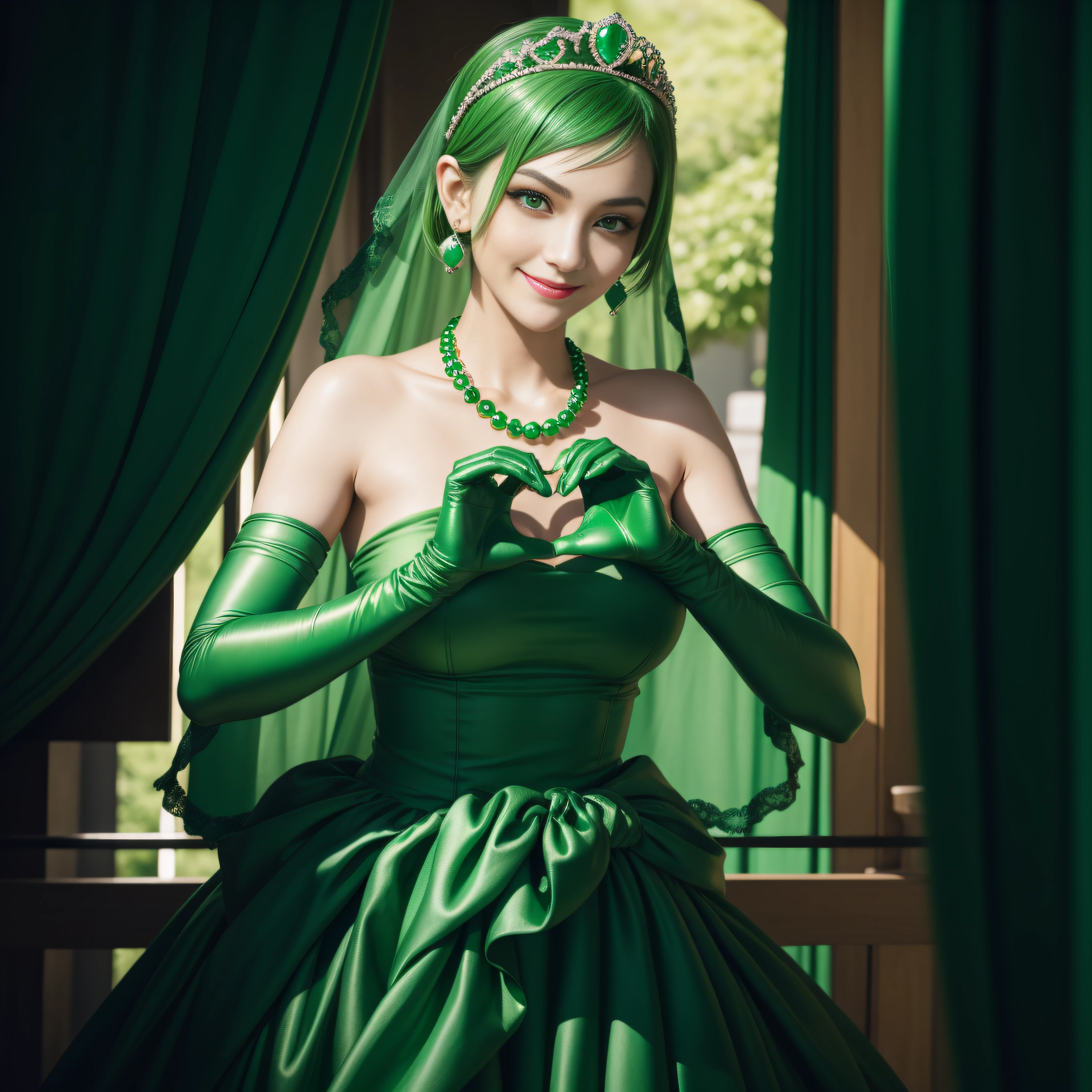 emerald tiara, Green Pearl Necklace, Boyish very short green hair, lipsticks, Japan woman smiling, very short short hair, big breasts beautiful, Green eyes, Long green gloves made of satin material, Green eyes, Emerald Earrings, green vale, Heart with both hands