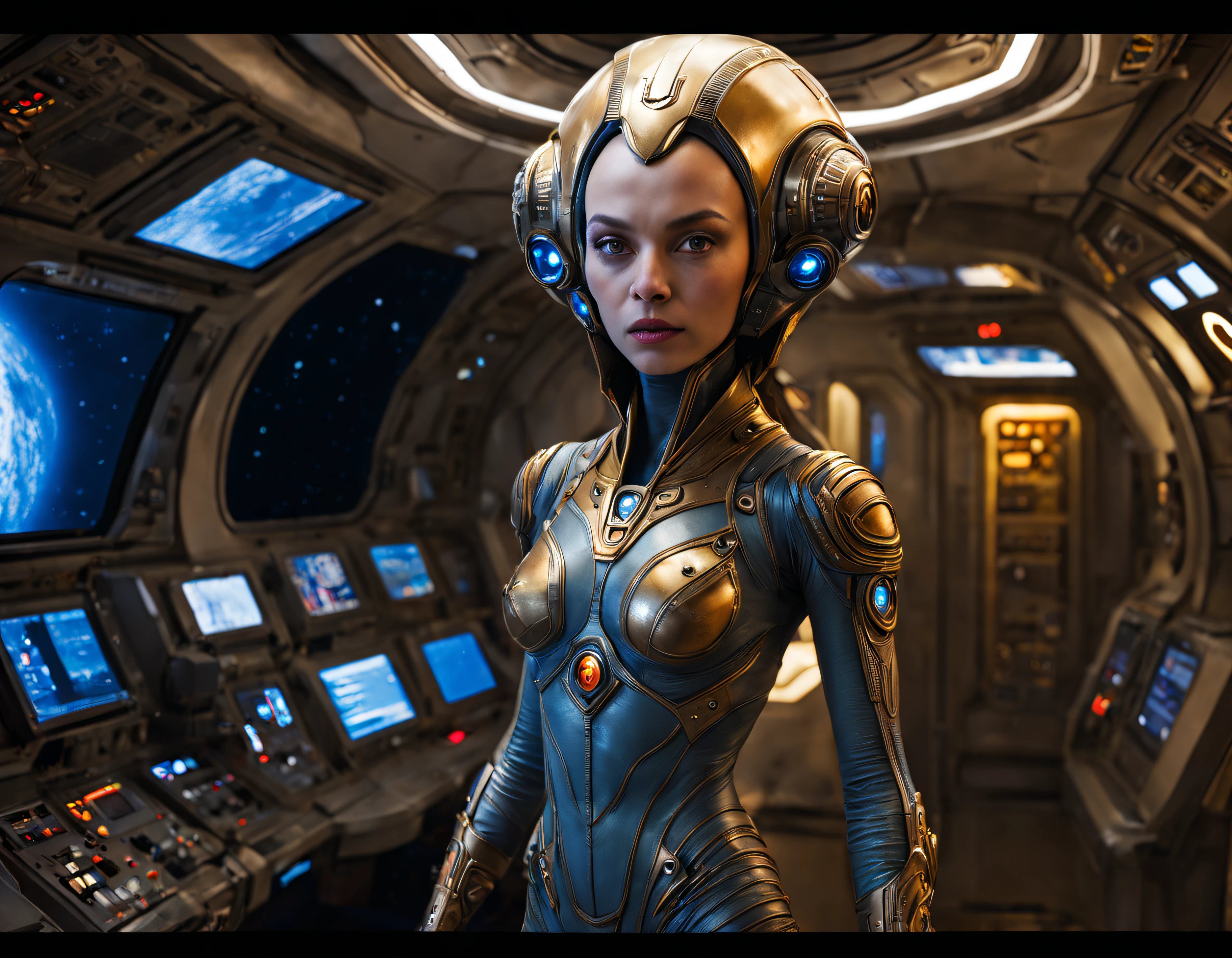 (cuerpo completo), extraterrestrial alien female similar to Lihö-Minaa princess of the people of the planet mül from the film Valerian and the city of a thousand planets , cuerpo atletico y exuberante, vestida de traje de noche corto, engarzado con oro refulgente, priedras preciosas de colores y diamantes, piel ligeramente anaranjada, ((se encuentra en centro de control de estacion espacial)), detalles intrincados de la maquina de alta calidad), estilo cinematografico, nitidez absoluta, imagen 8k.(obra maestra).fondos de pantalla, ultra detallado.