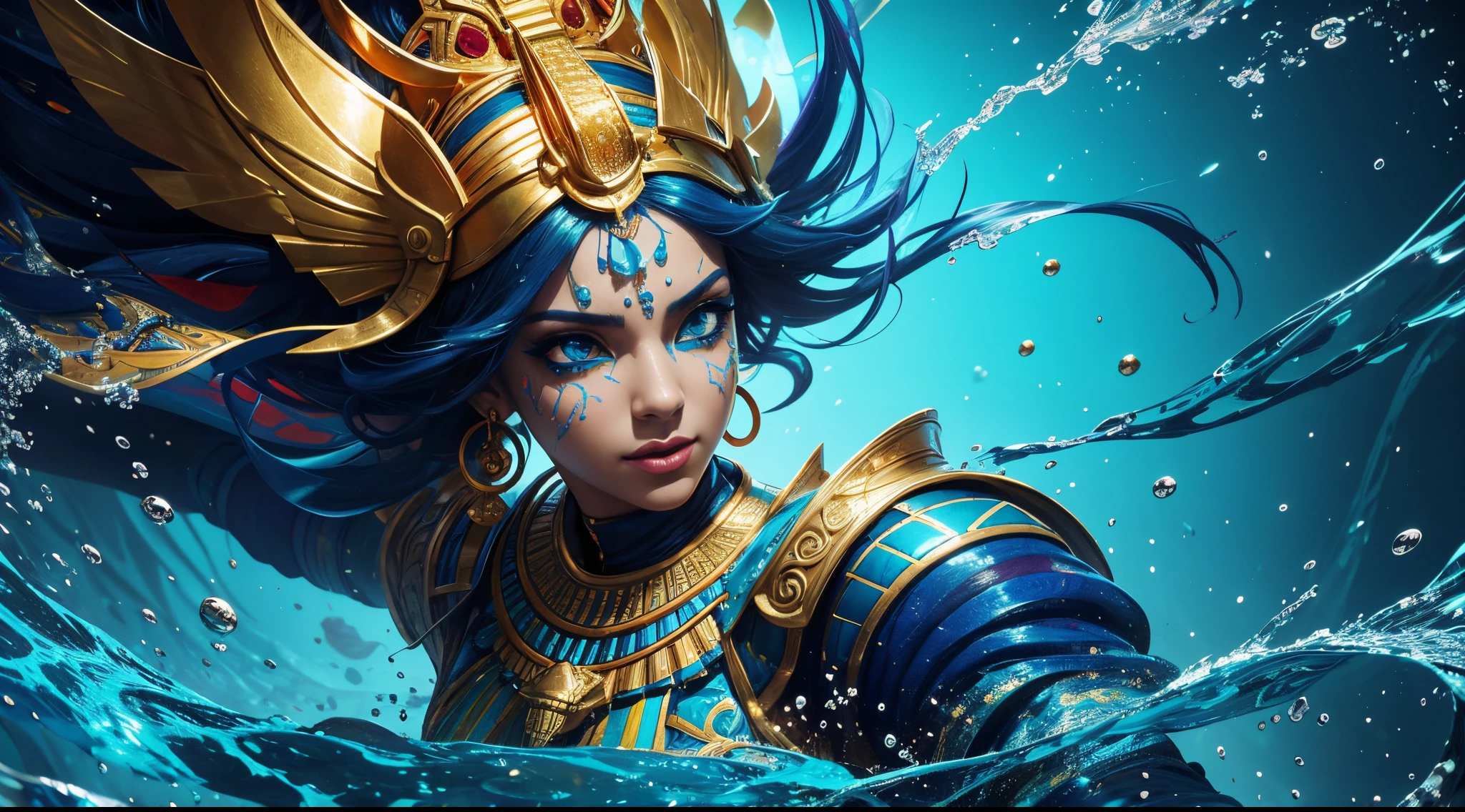 Generate mindblowing vibrant massive splash art illustration of egypt, beautifully intricate splash style art inspired by alberto seveso, vibrant ink underwater and background, uhd, 3d with depth rendered with ray tracing, powder bomb details, 64k, dynamic lighting, masterpiece, golden ratio