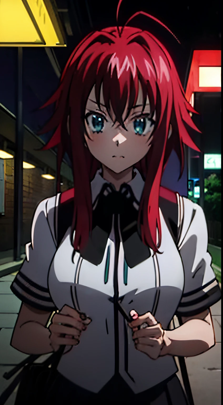 masterpiece, best quality, 1girl, long hair, looking at viewer, :3, cute, black school uniform, outdoors, streets, cowboy shot, large breasts, curvy, (((blue eyes))),  rias gremory, red hair, antenna hair,  wavy hair, ((beautiful detailed eyes, beautiful detailed glow, lots of glow)), anime screencap,night, park, sky full of stars, date