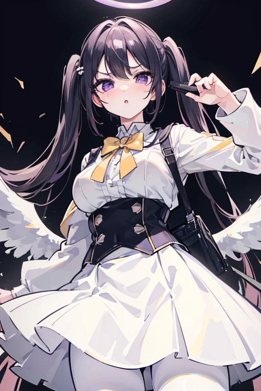 white skirt,black hair, twintails, white skirt,white pantyhose,corset, 8K, masterpiece,detailed halo,16 years old highly detailed face,medium breast,solid circle eyes,wing on the waist,purple eyes,god ray,detailed shading,depth of field BREAK angry, :o, blush, flipping skirt, skirt lift, self lift, from below, camel toe