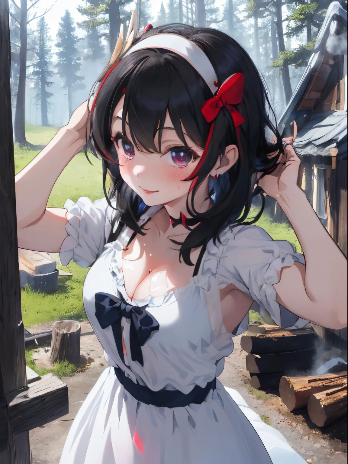 A cute house that looks like a small cabin in the forest,cut down the tree in front of the house,weapon ax,A woman with an ax is chopping firewood,Holding an ax in your hand,Wielding an ax,fluffy hair,Two-tone black and white short cut hair,hair band with big ribbon,white, Blue, Red and yellow dress,Voluminous princess dresses,Princess Snow White,slightly red lips,Her chest is wide open and you can see her cleavage.,Slightly red tide,Work with a slight smile,I'm sweating a little,