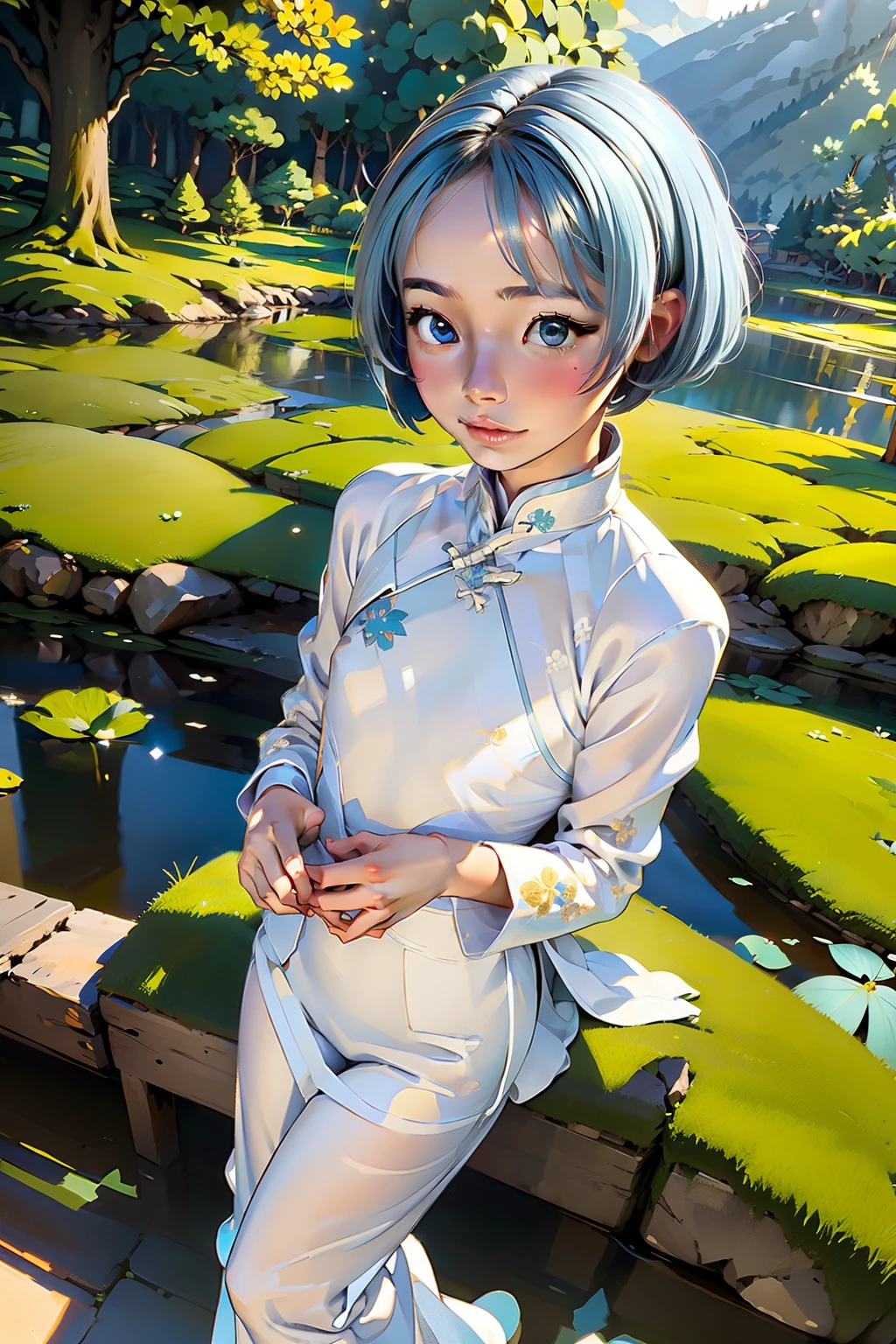 masutepiece, Best Quality, hight resolution,portlate, (((detail portrayal、8K分辨率))), (((Beautiful face drawn in detail))),Full Body Angle,Smirking expression、Solo, bright light blue eyes, ((Beautiful silky silver hair、a short bob、Short-cut hair))、(((Beautiful Ao Dai:1.3、Ao Dai,Beautiful White Ao Dai)))、plein air、Lake Lotus