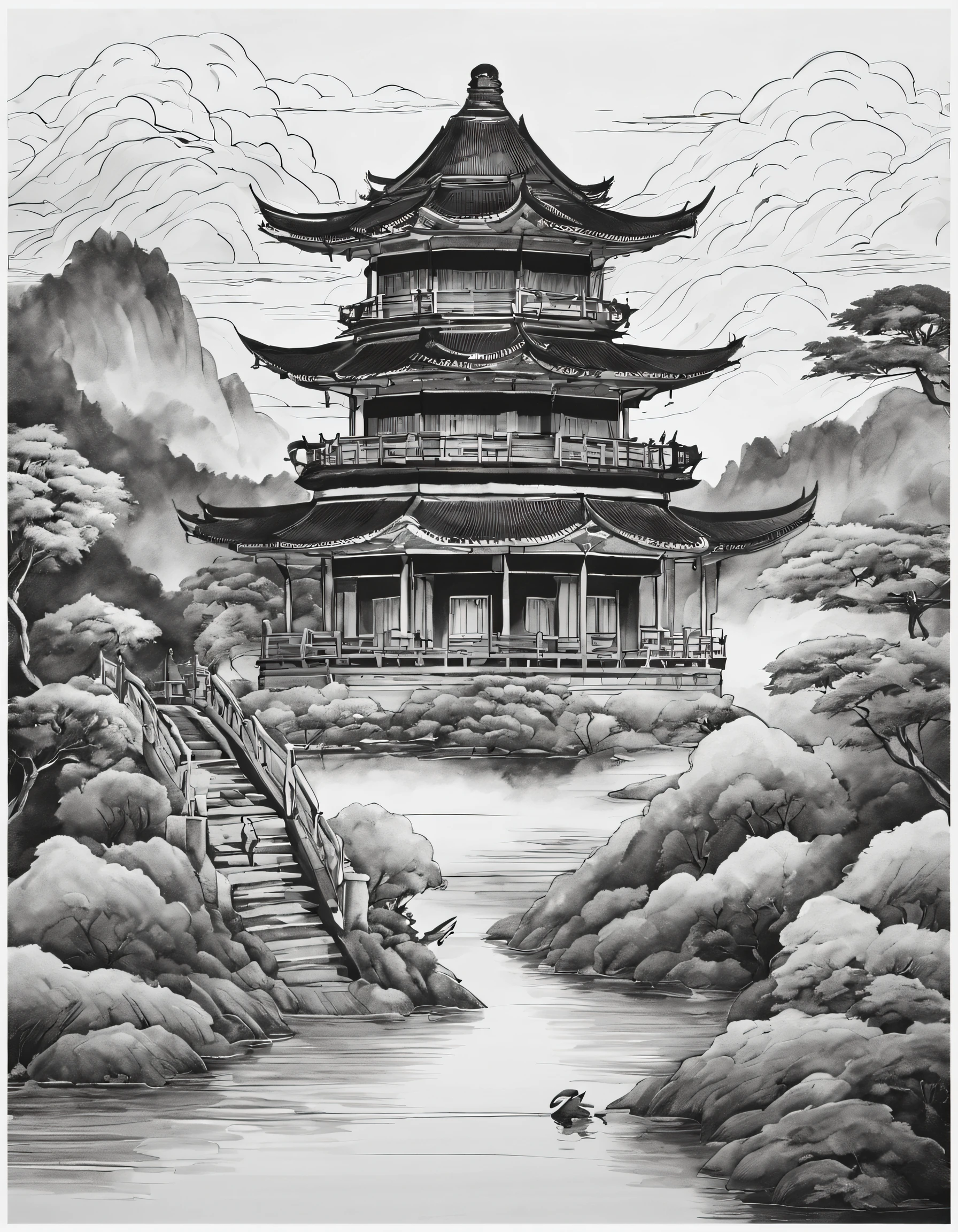 (Landscape painting in Chinese boundary painting art style), Inspired by world famous paintings《Yellow crane tower》、《Pictures of Tengwang Pavilion》,
border painting art,line art, Black and white painting, simple black and white painting,ancient wind,Chinese dynasty architecture,beautiful line art, black and white manga style, comic artstyle, Black and white coloring its beautiful ink line art,