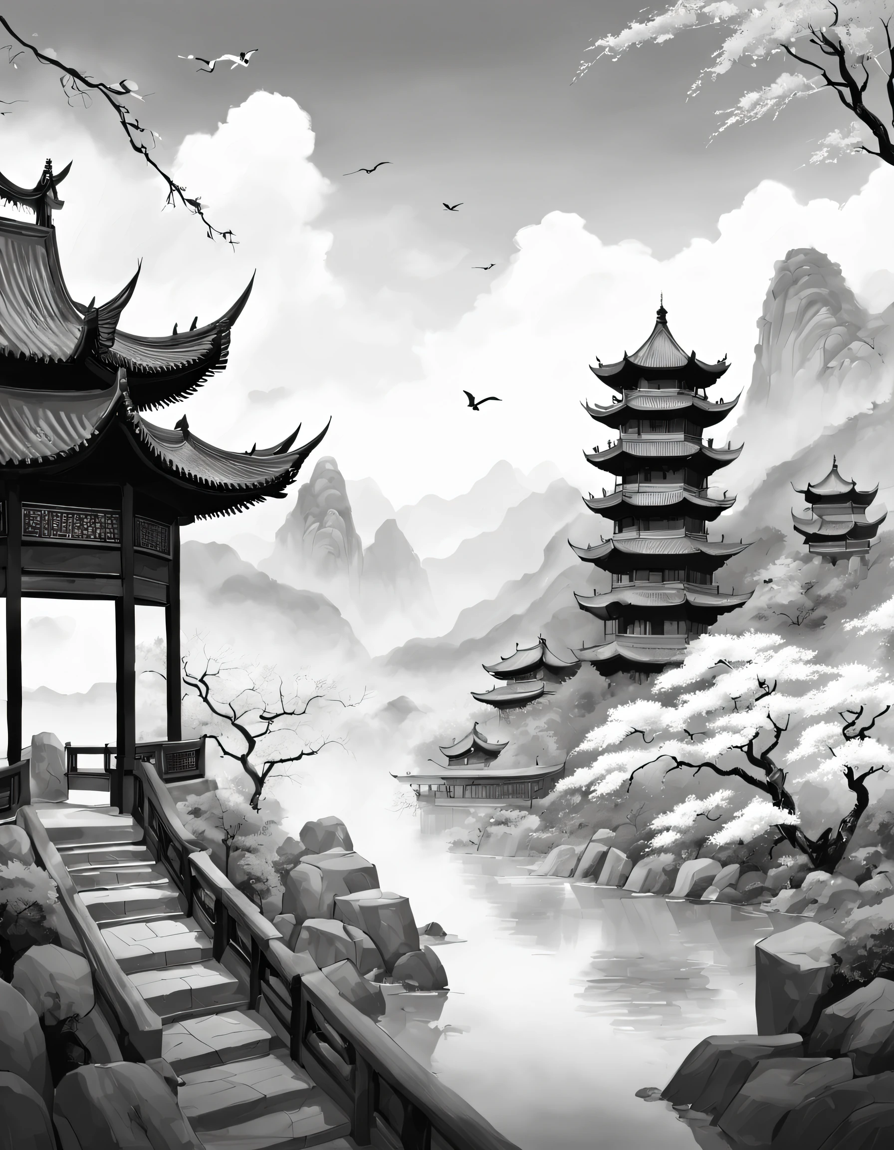 (Landscape painting in Chinese boundary painting art style), Inspired by world famous paintings《Yellow crane tower》、《Pictures of Tengwang Pavilion》,
border painting art,line art, Black and white painting, simple black and white painting,ancient wind,Chinese dynasty architecture,beautiful line art, black and white manga style, comic artstyle, Black and white coloring its beautiful ink line art,